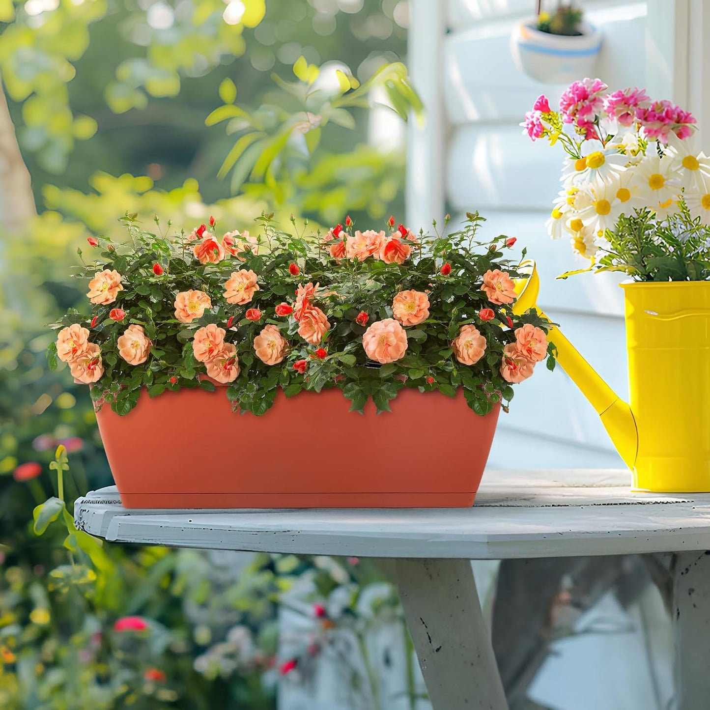 HAITRAL 16.9 Inch Deck Railing Planter Boxes for Plants, Rectangular Hanging Window Boxes Planters with Metal Flower Pots Brackets - 4 Pack Railing Planter Box for Balcony Fences Garden, Red