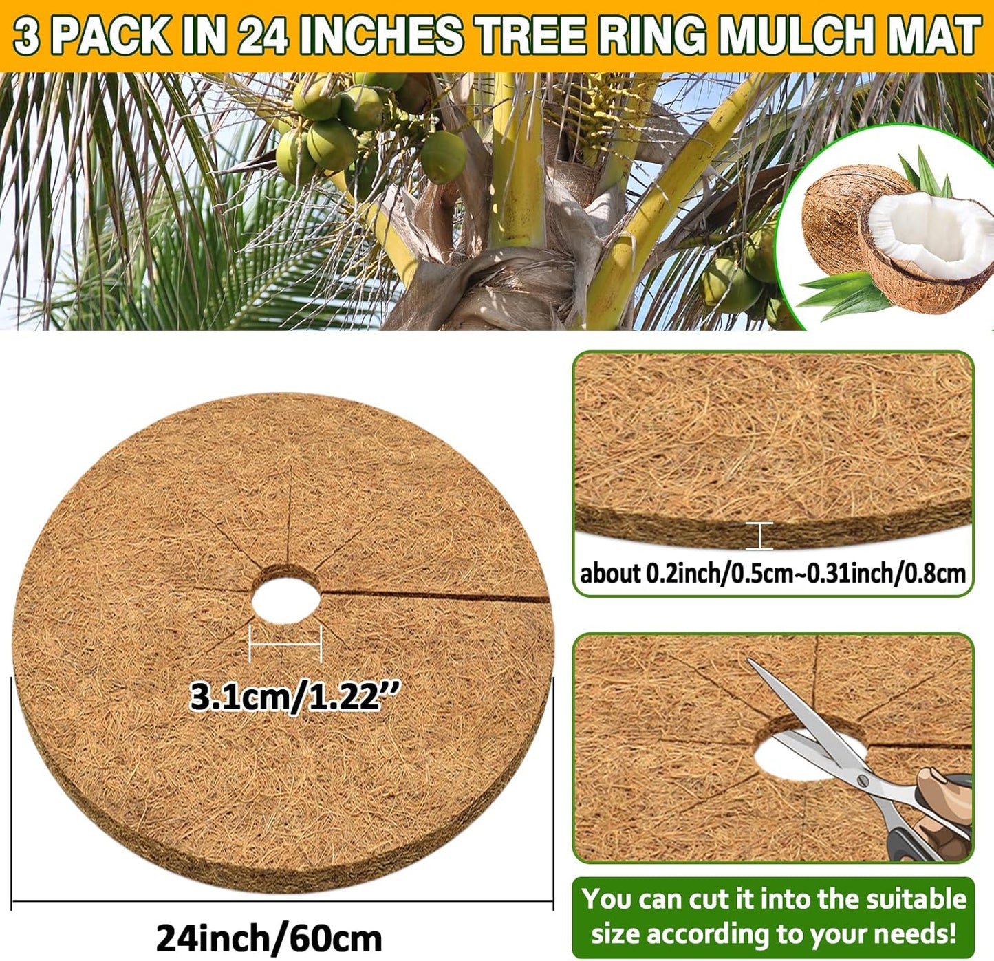 ZeeDix 3 Pack 24 Inch Coconut Fiber Tree Mulch Ring, 100% Natural Coco Coir Tree Ring Mulch Mat, Coconut Coir Discs Plant Cover Tree Protectors Mats Mulch Rings for Landscaping Trees Outdoor Plants