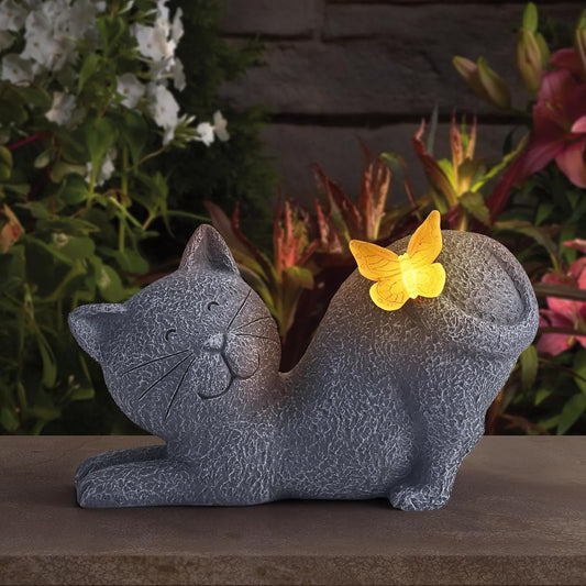Solar Cat Garden Statue with Glowing Butterfly, Outdoor Resin Cat Figurine with Solar Light, Waterproof Yard Decor for Patio, Lawn, Porch, and Unique Garden Gifts for Cats Lovers