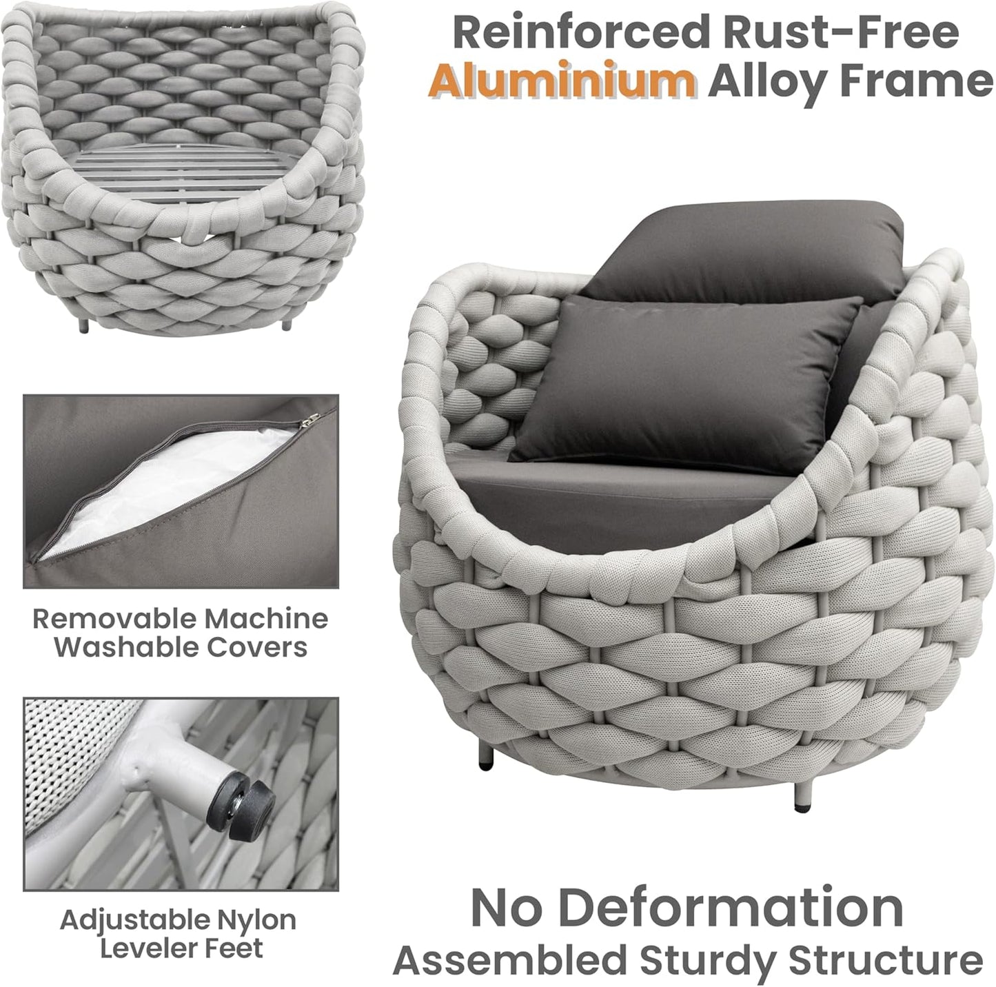 Front Porch Furniture 5 Piece Set: Aluminum Woven Rope Patio Conversation Sofa Set - Assembled Accent Chair Modern - Cushioned Armchair Couch Set for 400 lbs Deck Backyard Poolside Garden Hotel