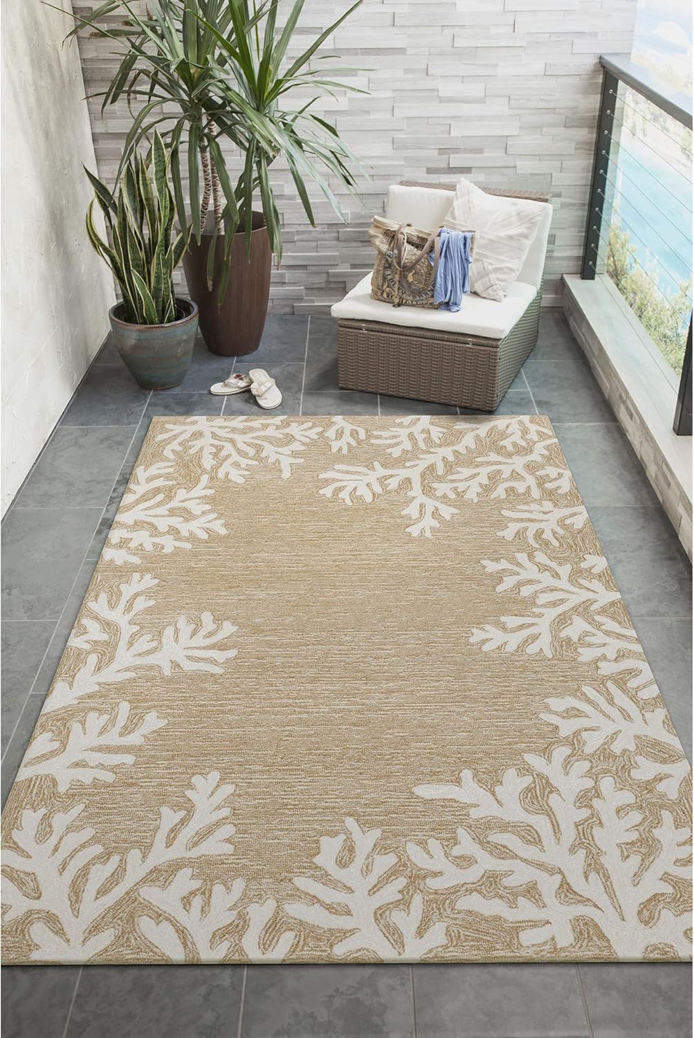 Liora Manne Capri Indoor/Outdoor Handmade Synthetic Blend Durable Area Rug - Traditional Border Coastal Beach Accent (Coral Border Neutral) (8'3" x 11'6")