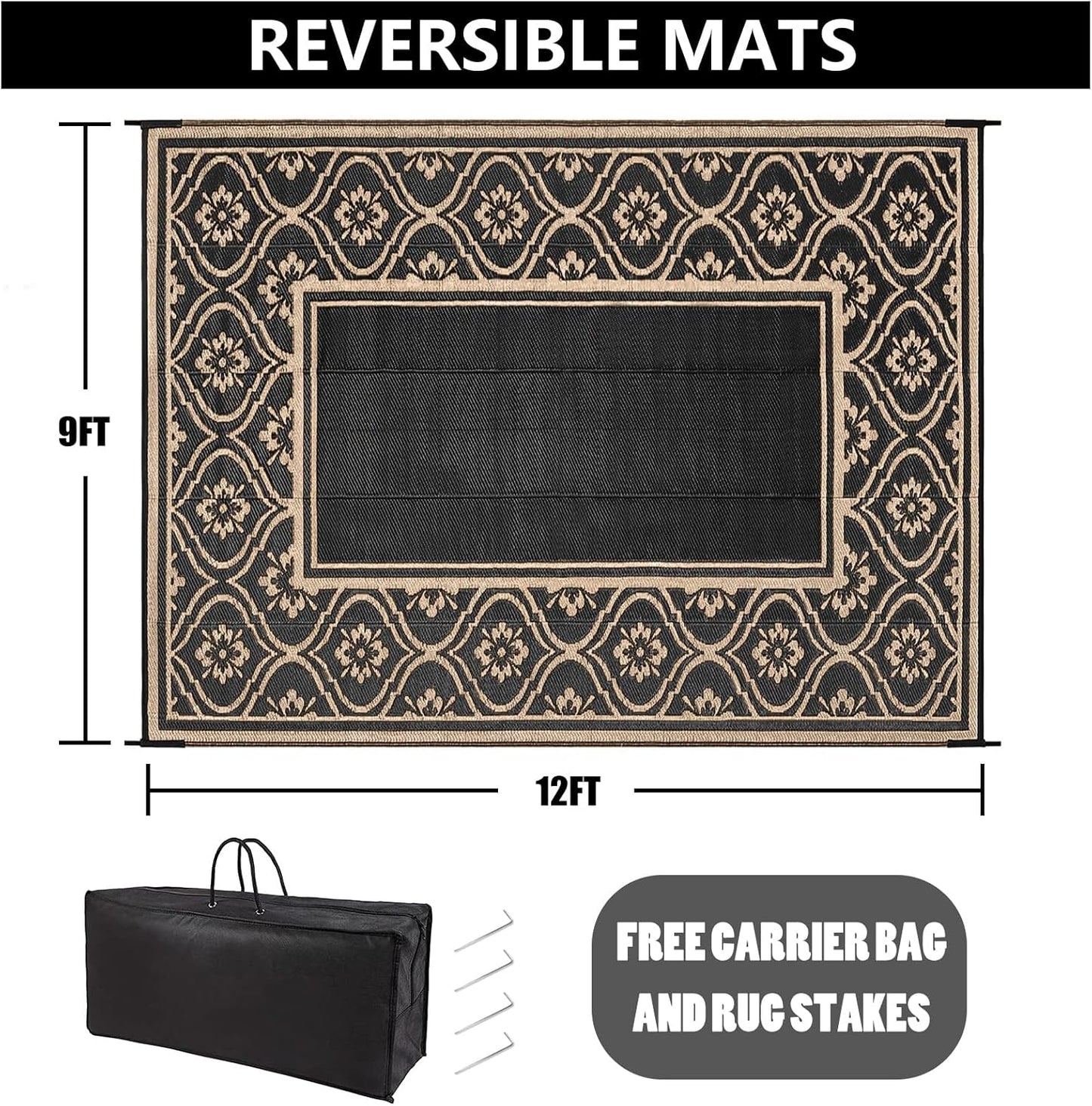 Outdoor Rug 9x12 Patio Waterproof Mat Camping Carpet Outside Area Rug Reversible Brown Rugs for RV Deck Entryance Porch Picnic Balcony Beach