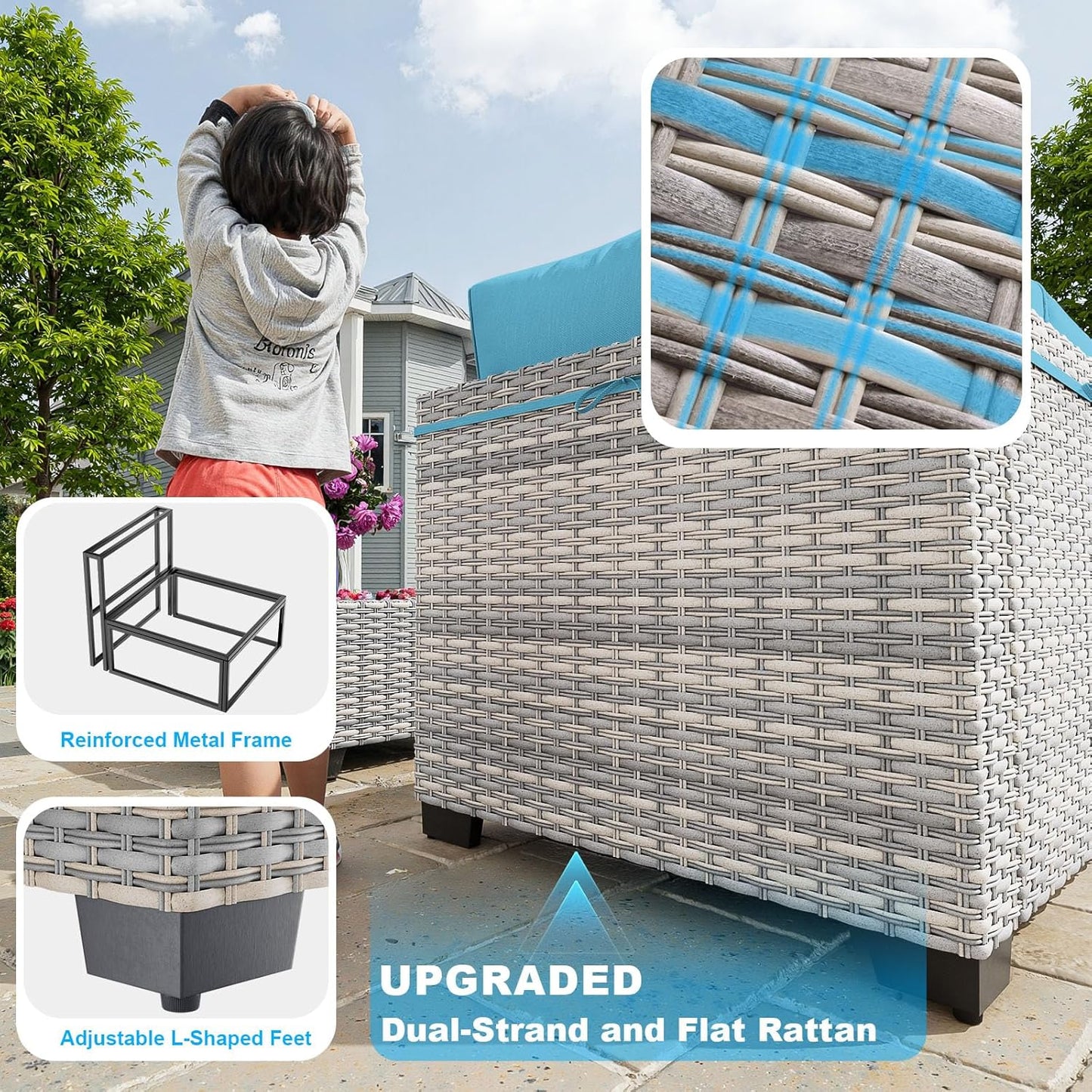 9-Piece Patio Furniture Set, Outdoor with Ottomans, Modular Patio Sofa, Dual-Strand Wicker Rattan, Rust-Resistant Frame, Backyard Furniture for Garden, Deck, Lake Blue