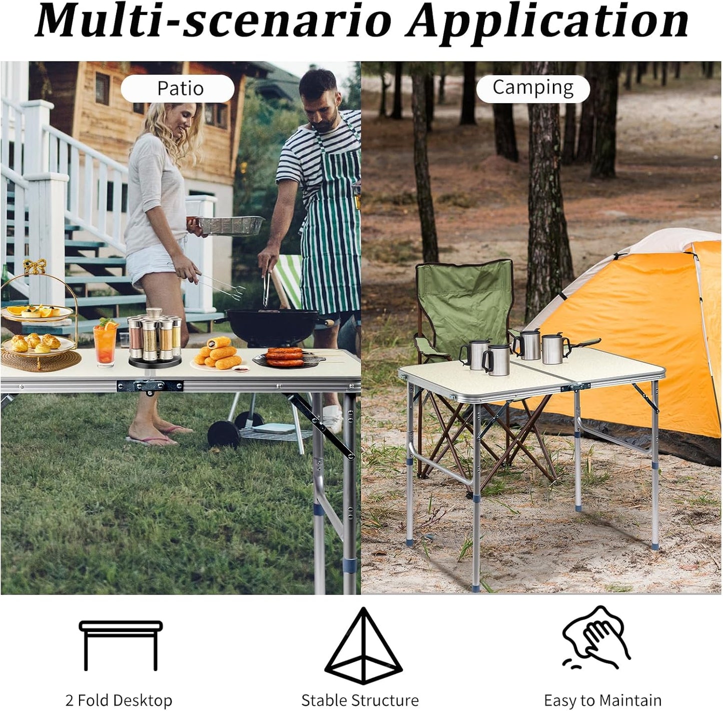 Outvita 3ft Portable Folding Camping Table, Outdoor Waterproof Adjustable Height Table, Aluminum Lightweight Suitcase Foldable Table for Picnic BBQ Beach Dining