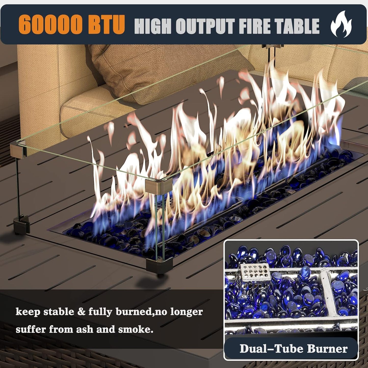 44 Inch Propane Gas Fire Pits Table for Outside Patio, 60000 BTU Rectangular Outdoor Wicker Rattan Fire Pit with Glass Wind Guard