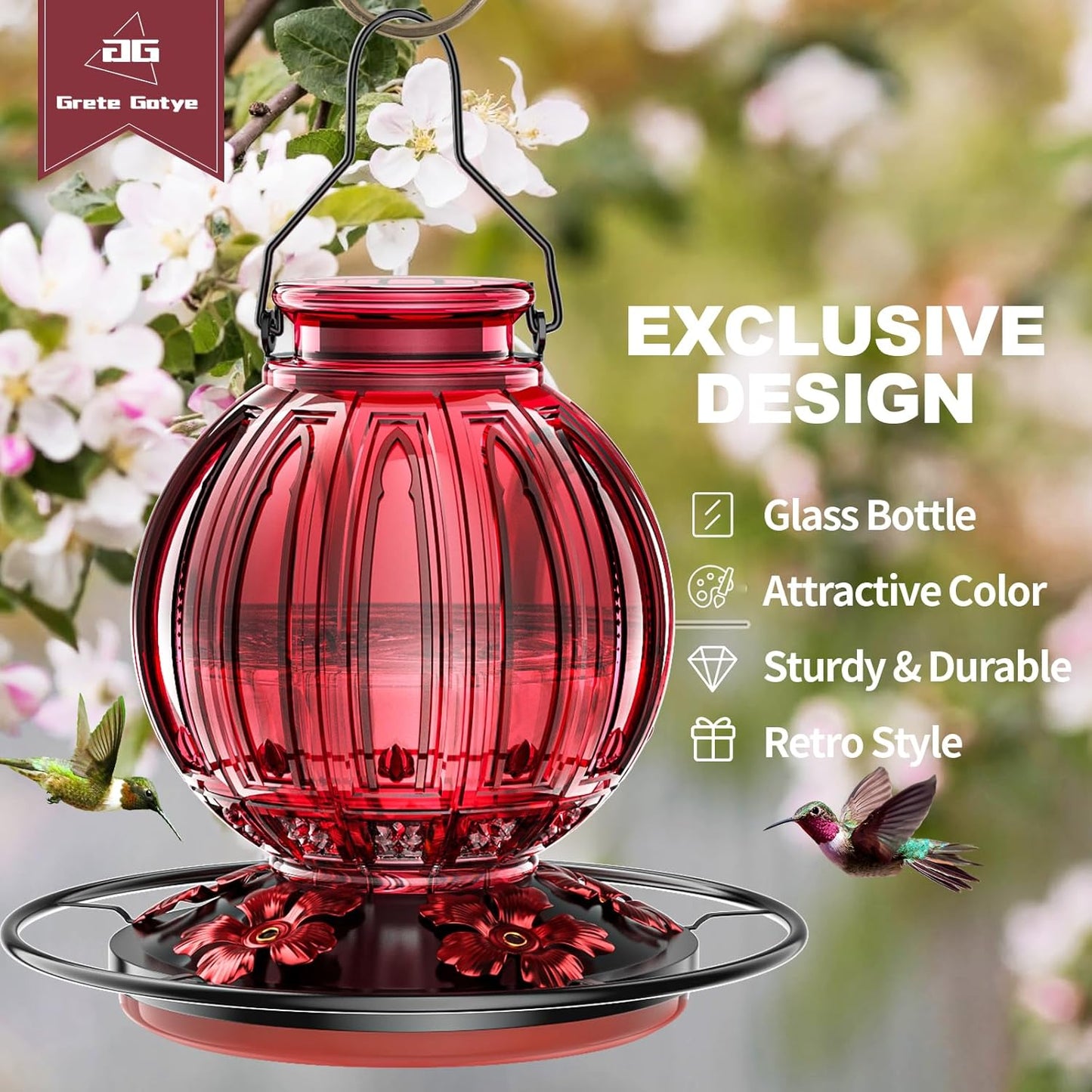 Glass Hummingbird Feeder for Outdoors Hanging, 26Oz Bird Nectar Feeder with Perch & 5 Flower Feeding Ports, Leak Proof for Outside Garden Decor Backyard, Gifts for Women Mom, Red