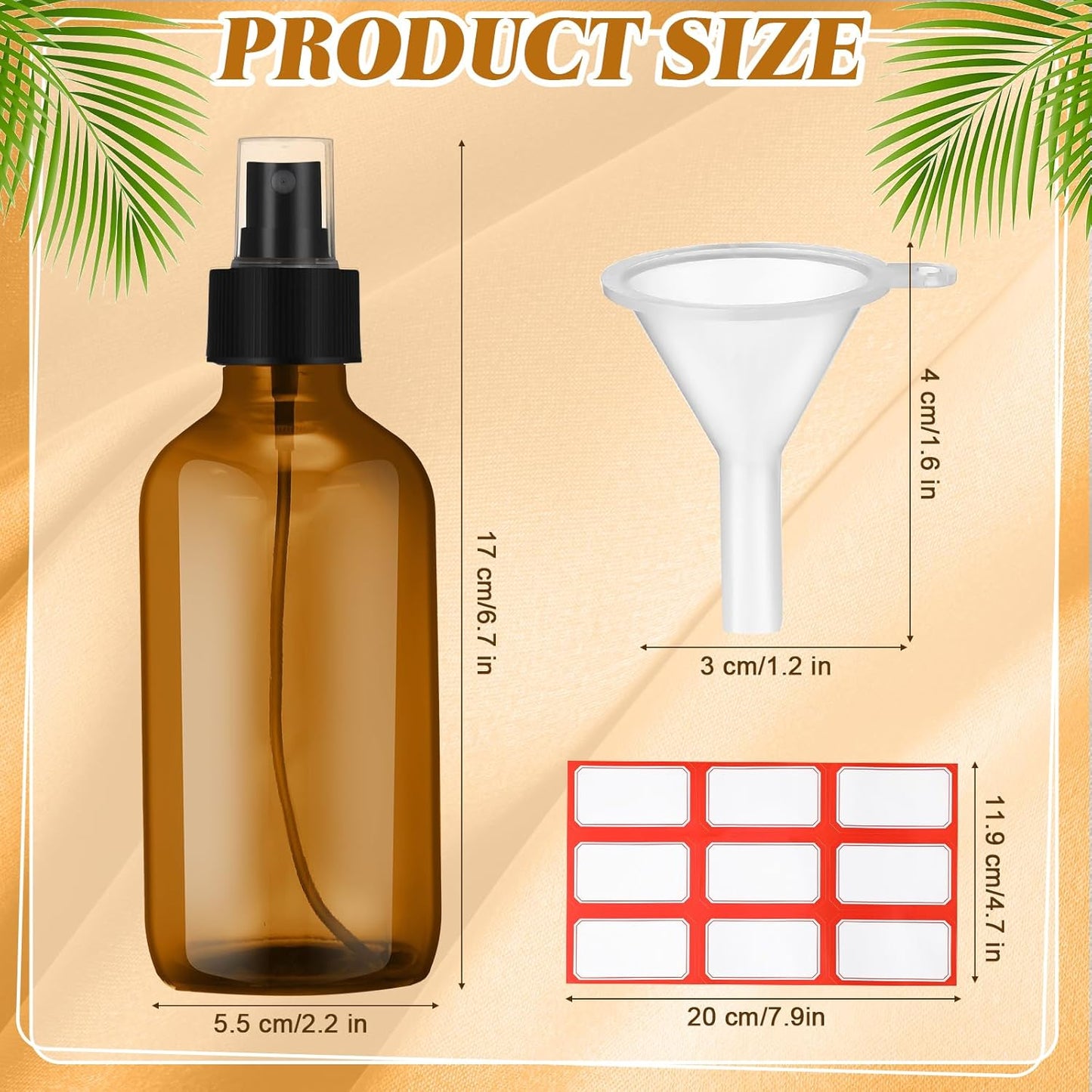 Norme 12 Pcs 8 oz Glass Spray Bottles with Funnels and Labels Refillable Cosmetic Empty Spray Bottles with Sprayer Containers for Essential Oil Cleaning Solutions(Amber,Stylish)
