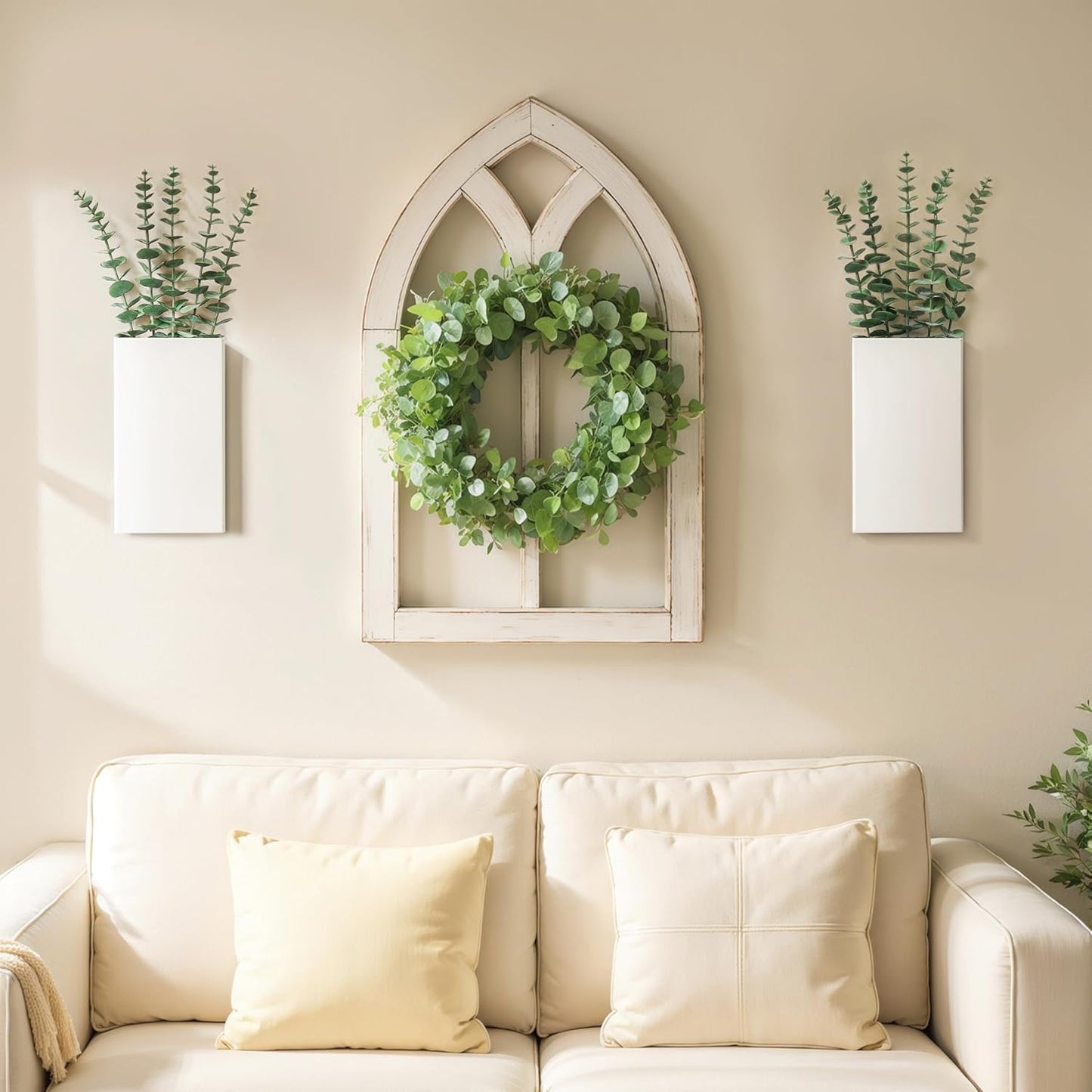 2 Pack Metal Wall Planter Vases Decor with Artificial Eucalyptus, Modern Farmhouse Rustic Hanging Pocket Planters for Indoor Greenery and Flowers, Living Room Bedroom Kitchen Decoration, White