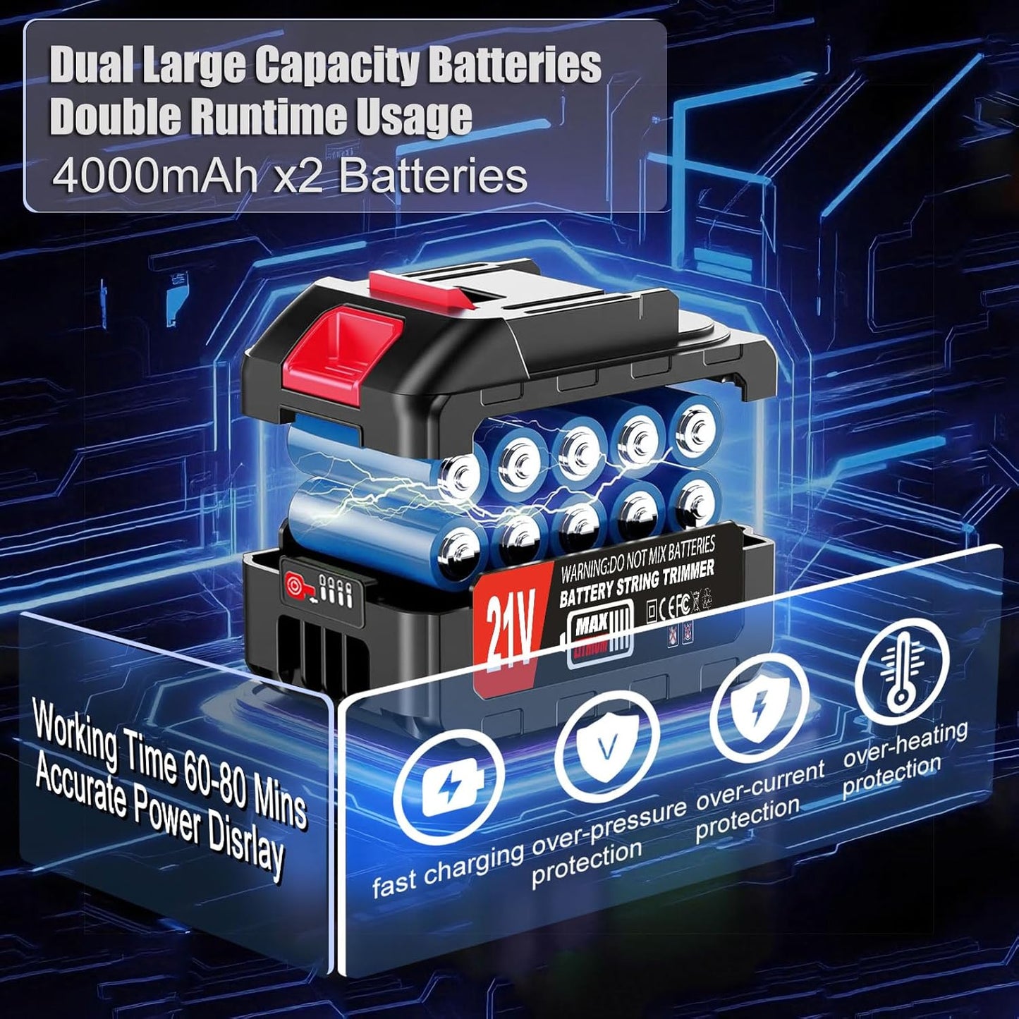 Cordless Electric Weed Wacker Battery Powered, 21v Lightweight Weed Trimmer Eater With 2 4.0Ah Battery Operated & Charger & Wheels & Shears, 3 In1 Grass Trimmer/Brush Cutter/Lawn Edger for Yard Garden