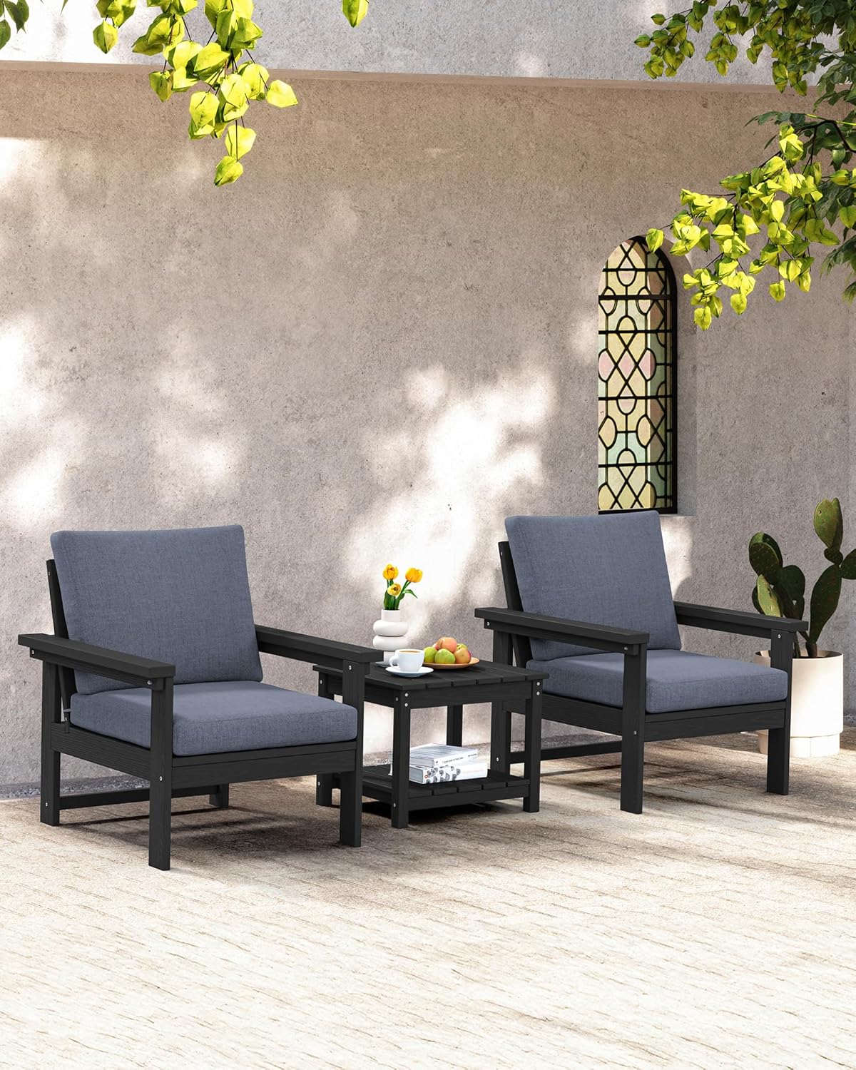 SERWALL Outdoor Patio Sofa Set, 2-Piece HDPE Single Seat Outdoor Sofa Chair with Padded Cushions, Black Frame with Grey Cushion