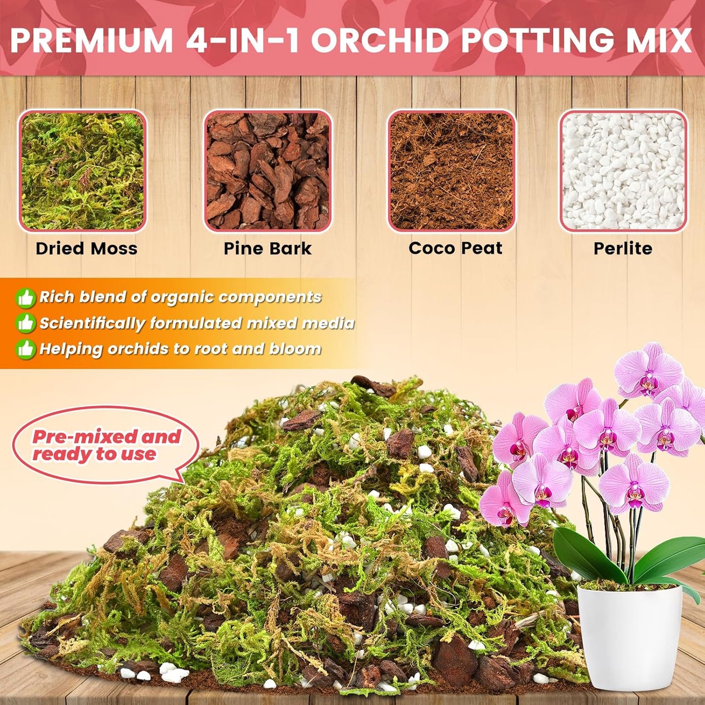 Legigo 1 QT Orchid Potting Mix- Natural Orchid Soil Mix for Repotting with Moss, Pine Bark, Coco Peat and Perlite, Enhanced Drainage Orchid Bark Potting Mix Repotting Kit for Indoor Plant Growth