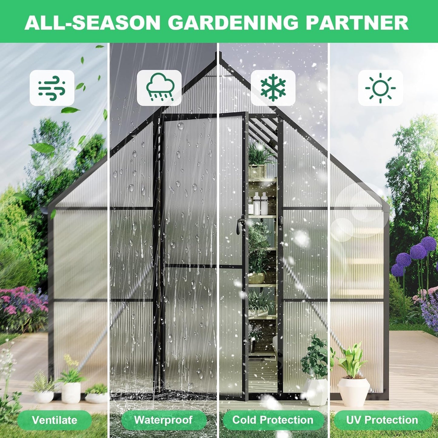 Greenhouse 8x10 FT Aluminum-Framed Heavy Duty Polycarbonate with Quick Setup Structure and Roof Vent, Large Enhanced Outdoors Green House Kit
