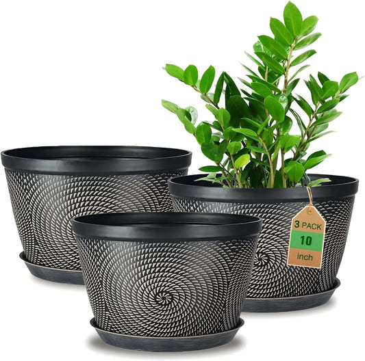 Quarut 10 Inch Flower Pots for Outdoor Indoor, 3 Pack Plastic Plant Pots with Drainage Hole & Tray, Modern Decorative Garden Pot with Saucer, planters for House (Black Copper)