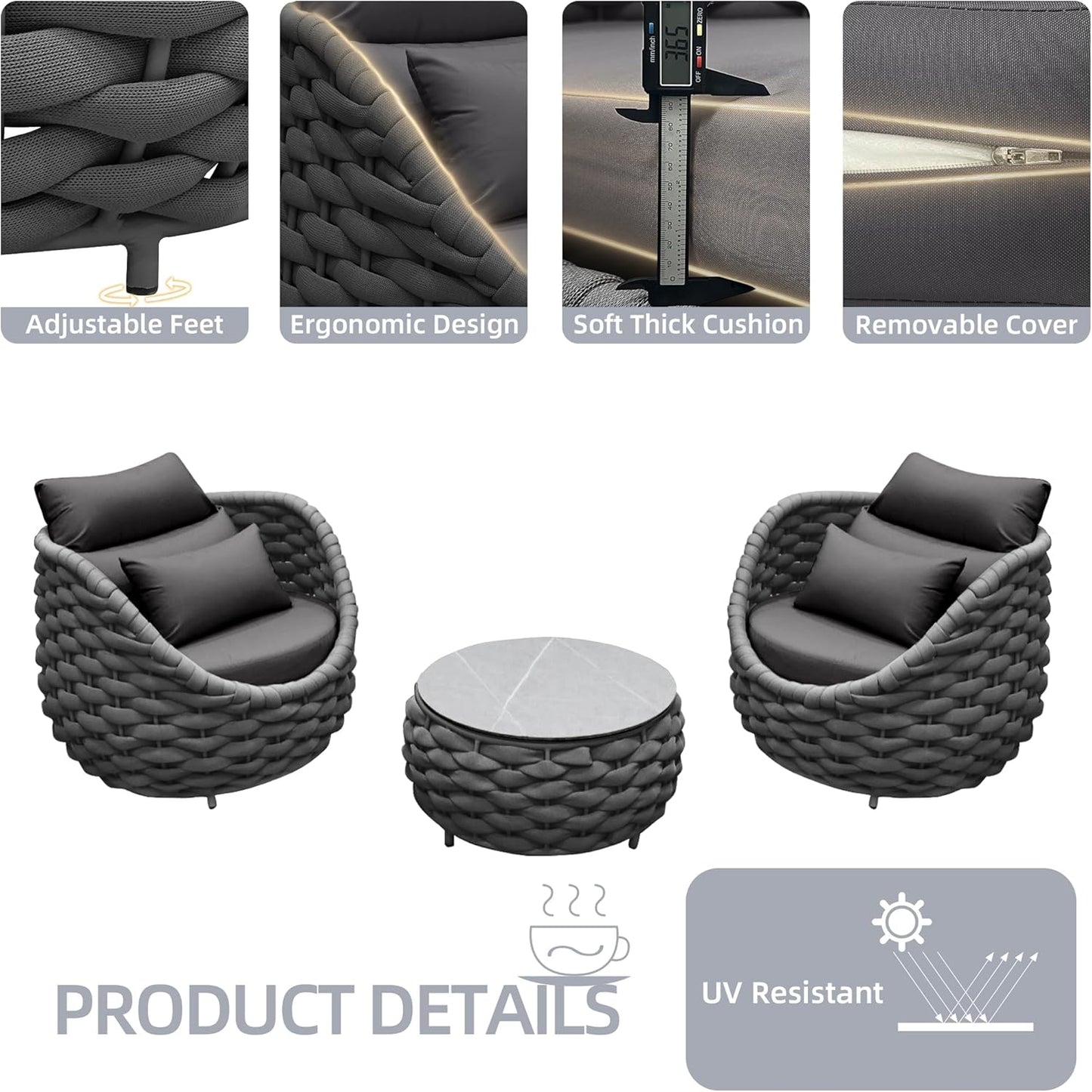 TWT Aluminum Outdoor Patio Furniture Set, 4 Pcs Textilene Armchairs Modern Outdoor Conversation Set Outdoor Single Sofa with Upgrade Cushion and Coffee Table for Balcony, Dark Grey