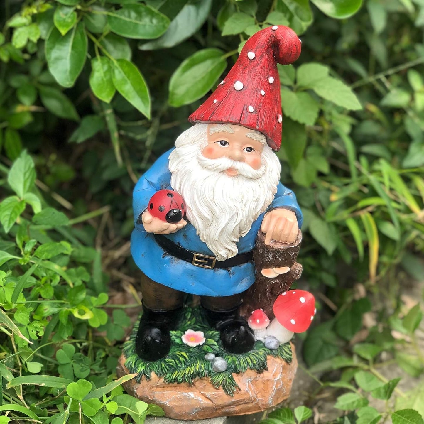 Topadorn Garden Gnome Statue LED Light Solar Energy Gnome Figurine with Ladybug on Hand Mushroom for House, Lawn Decor 11 Inch