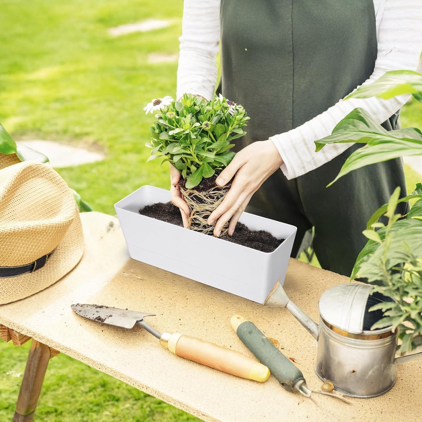 GREANER Herb Planter with Tray, 1 Pack 12x3.8 Inch Rectangle Window Box, Indoor Succulent Flowers Succulent Plastic Pot for Windowsill, Garden, Balcony, Office Outdoor Decoration - White