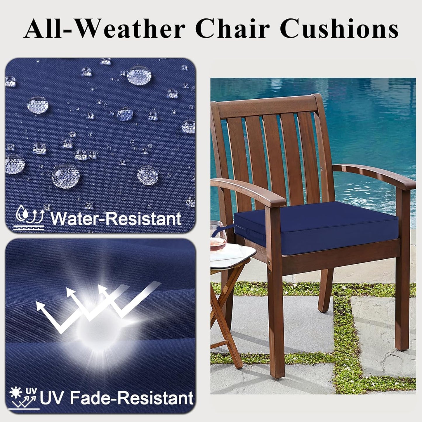Outdoor Chair Cushions Set of 2 for Patio Furniture 22x22x4 Inch Waterproof Patio Chair Cushion 3 Year Color Fastness Square Elastic Foam Garden Sofa Couch Pads with Ties and Handle,Blue