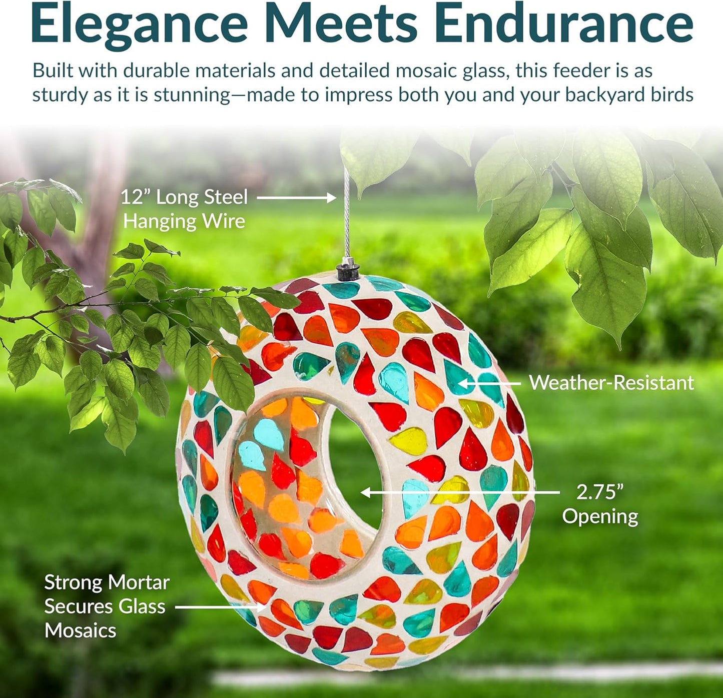 Sunnydaze 6-Inch Glass Mosaic Hanging Bird Feeder for Outdoors - Fly-Through Wild Bird Feeder - Confetti Mosaic