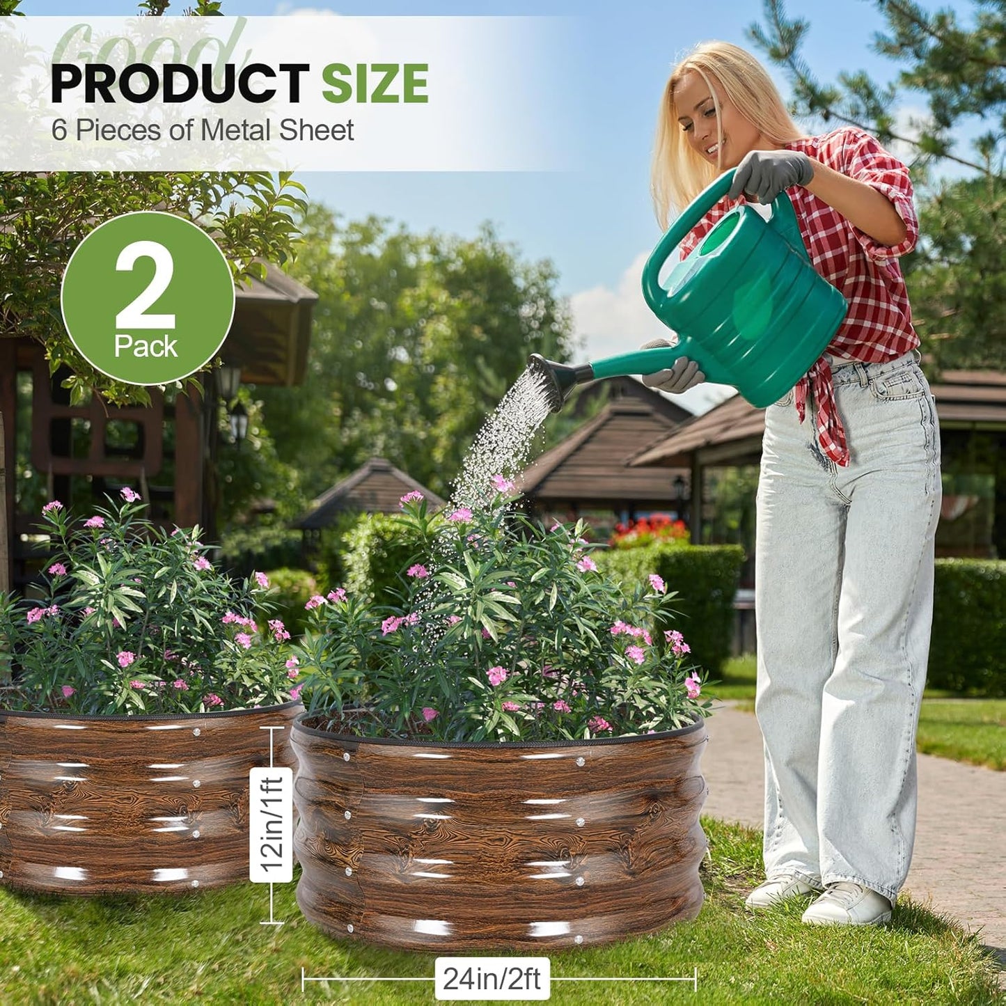 G GOOD GAIN Round Raised Garden Bed - 2Pcs 2x2x1ft Galvanized Steel Planter Boxes Outdoor with Rubber Edge Trim | Metal Raised Beds for Gardening Vegetables Flowers Fruits Herbs (Wood Grain)