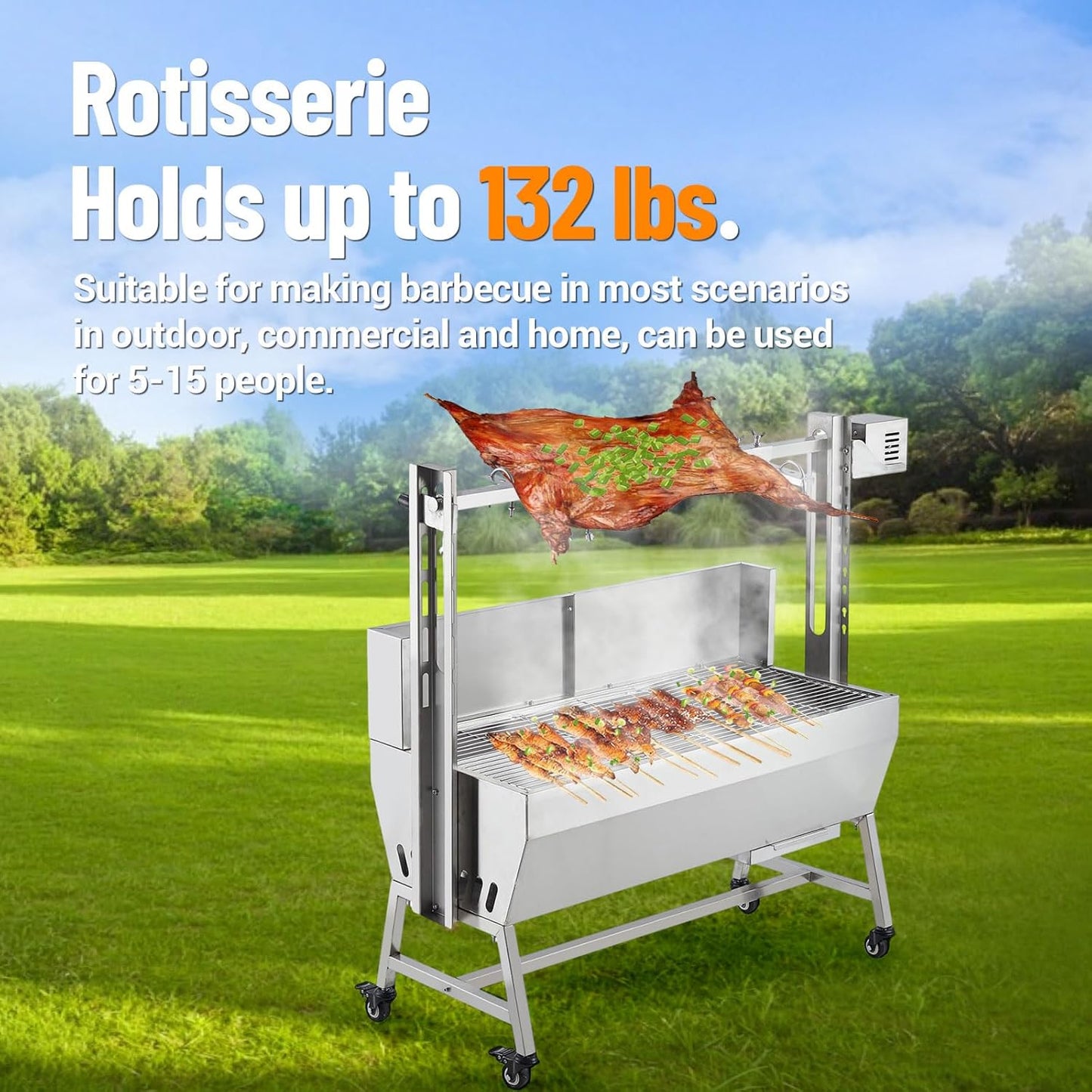 Stainless Steel Electric Pig Rotisserie Grill with Fire Pit & Baffle - 60kg Capacity, 50W Motor for Whole Pig/Lamb, Asador de Puerco Outdoor Camping BBQ