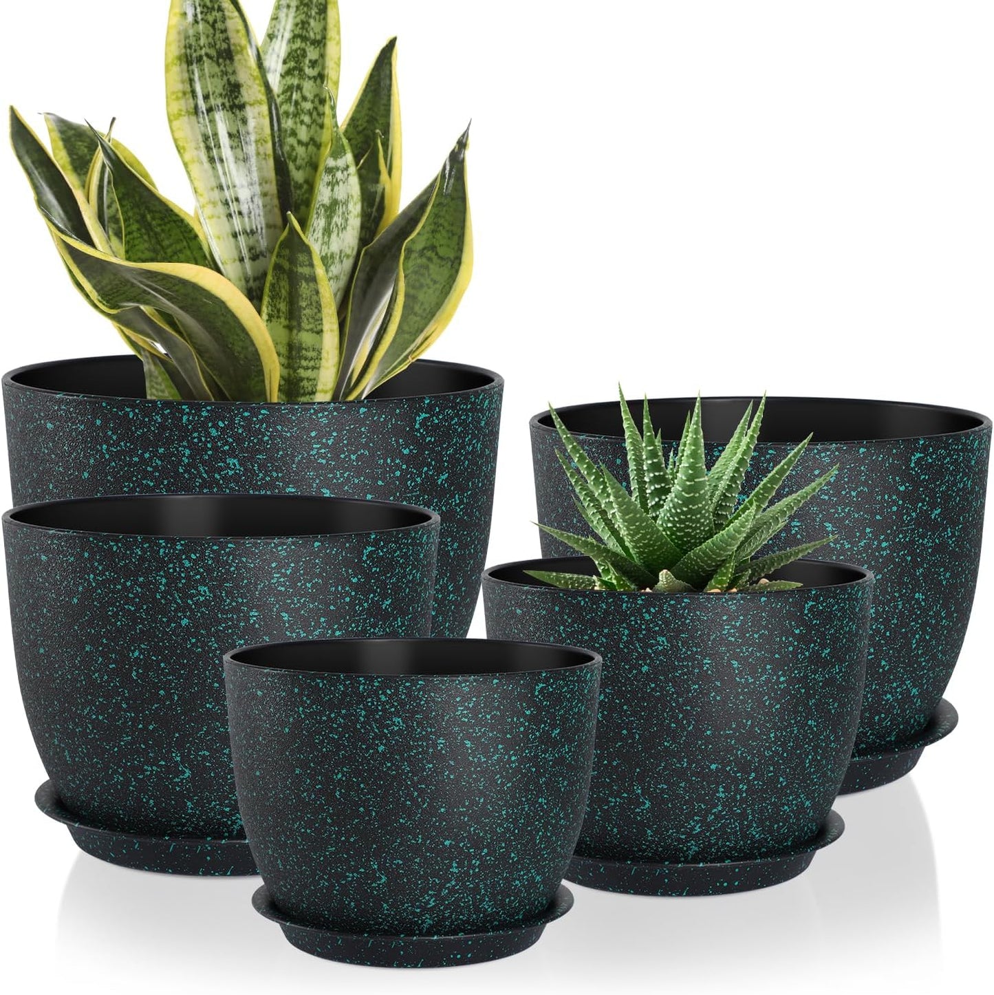 Plant Pots 10/9/8/7.5/7 inch Set of 5,Flower Pots with Multi Mesh Drainage Holes, Large Planters for Indoor Outdoor Garden Plants and Flowers. (Green Speckles)