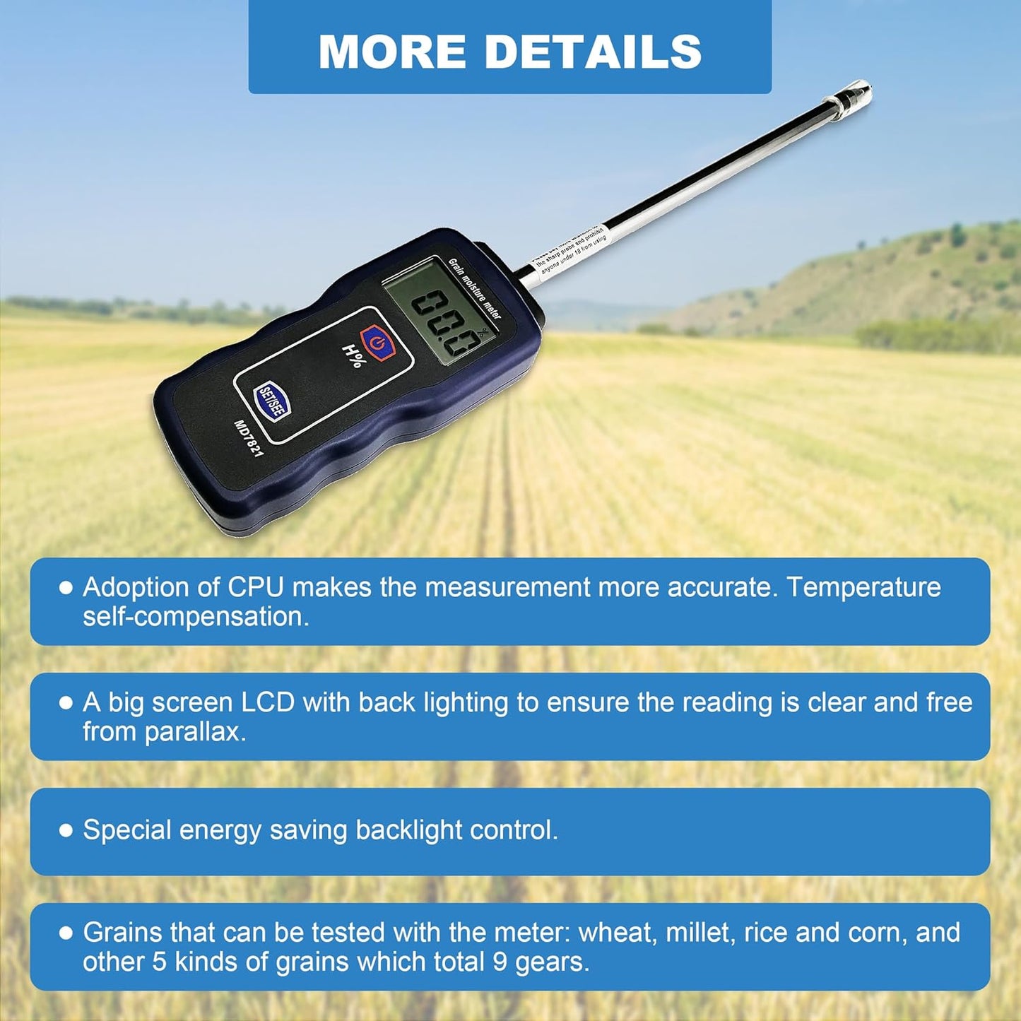 Grain Moisture Meter High Precision Grain Moisture Tester with Temperature Compensation Portable Seed Moisture Meter for 9 Grains Including Wheat, Rice, Corn, Millet, Un-husked & Husked Rice