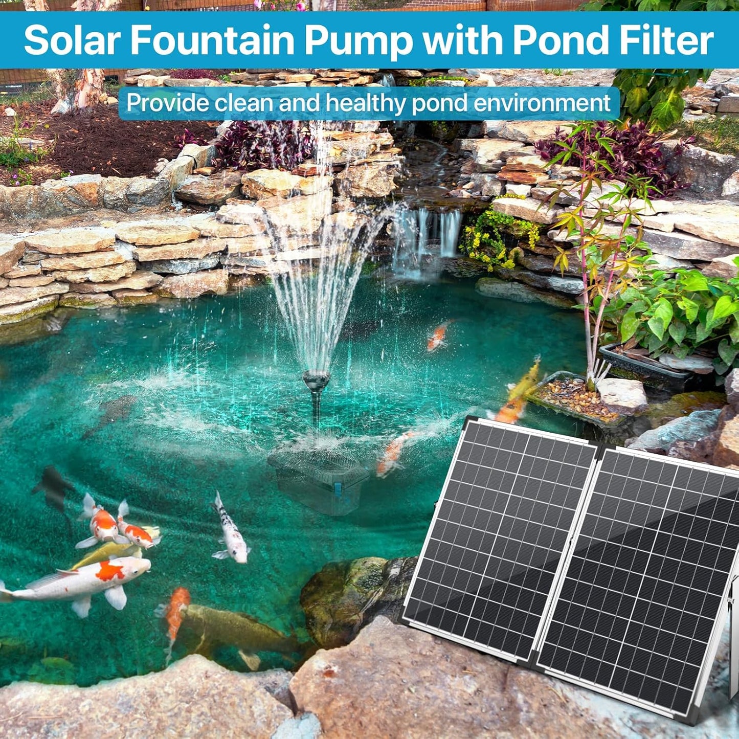 POPOSOAP 55W Solar Fountain Pump with Pond Filter Box, Solar Pond Pump 580GPH Adjustable Flow, Pond Filters for Outdoor Ponds Fish Tank Pool Waterfall Koi Pond Water Features