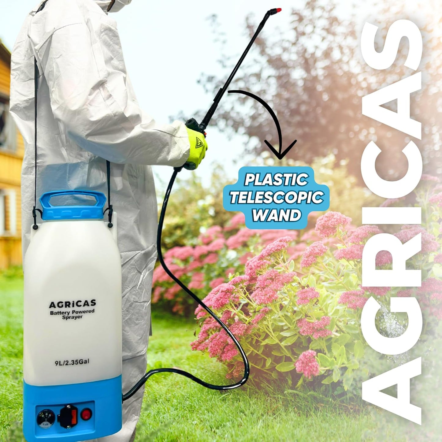 Battery Powered Sprayer 2.35 Gallon, Electric Garden Sprayer for Weed/Pest Control, 6 Nozzles, 50 PSI Pressure, Telescopic Wand, Shoulder Strap, Long-Lasting 12V Battery