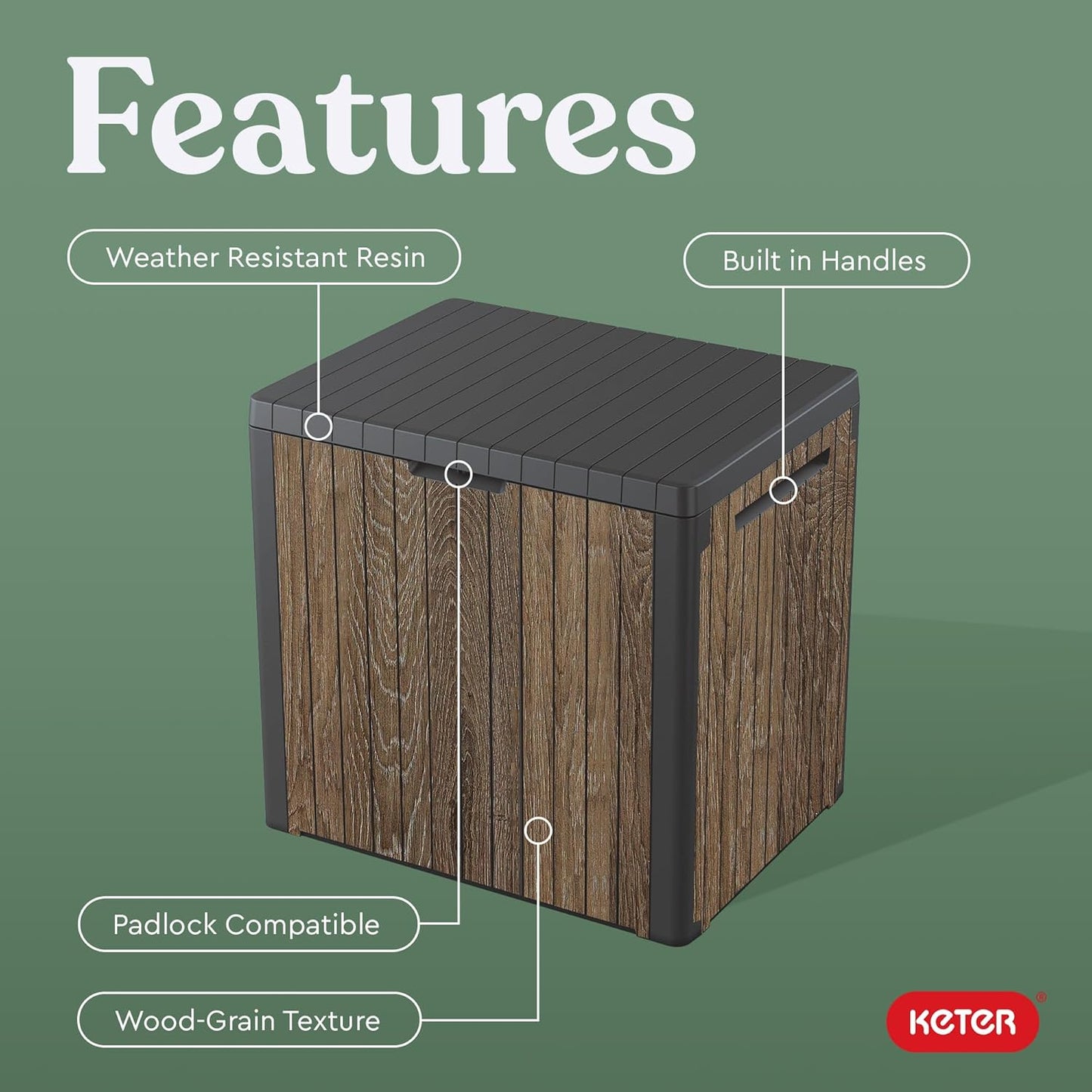 Keter Signature Everwood 30 Gallon Resin Outdoor Storage Box and Patio Furniture Side Table for Pool and Garden Accessories, Walnut