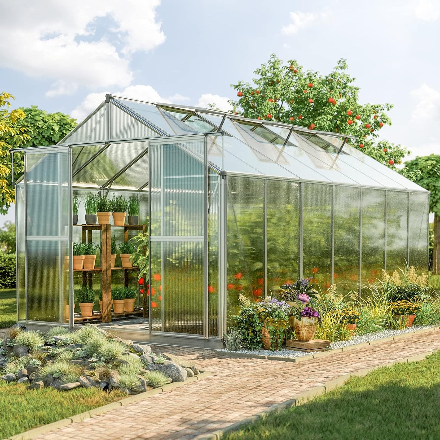 Greenhouse Topas 7 Aluminum Frame 7.4 x 14.7 ft Approx. 6 mm Polycarbonate Panels - with Bonus Base Frame and Automatic Vent Opener
