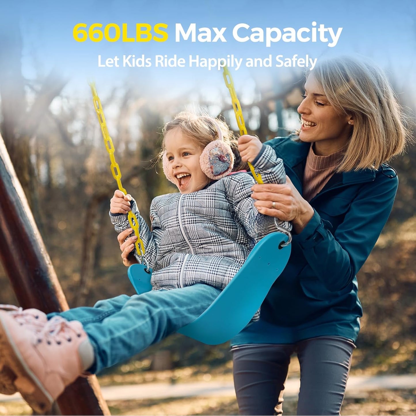 PACEARTH 2 Pack Swings Seats Holds 660lbs with 68.9 inch Anti-Rust Chains Plastic Coated 23.6 inch Tree Hanging Straps and Locking Buckles Playground Swing Set Accessories Replacement (Sky-Blue)