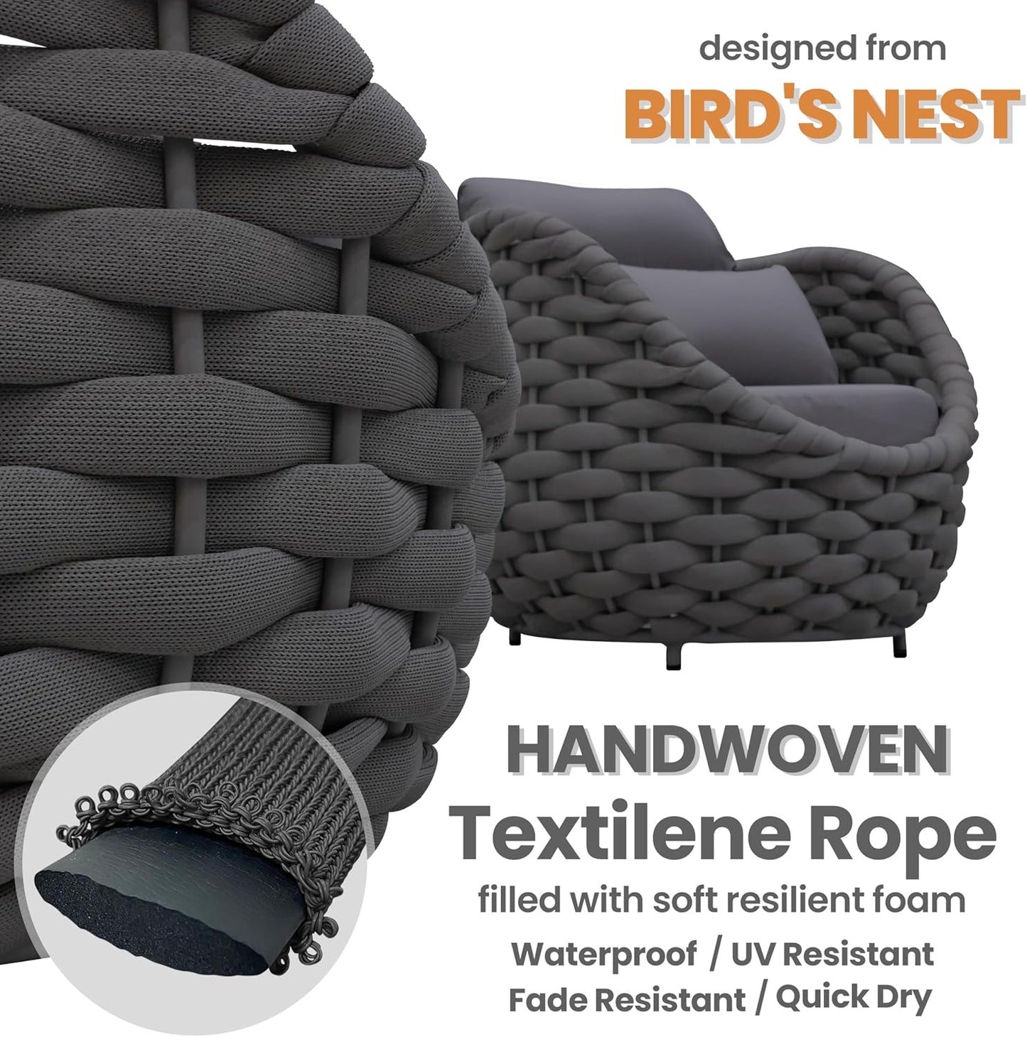 Fully Assembled Patio Furniture Set: 5 Pieces Woven Rope Outdoor Conversation Set Cushioned - Modern Metal Deck Loveseat Chair Table Set - Porch Seating For Yard Garden Poolside Hotel, Dark Grey