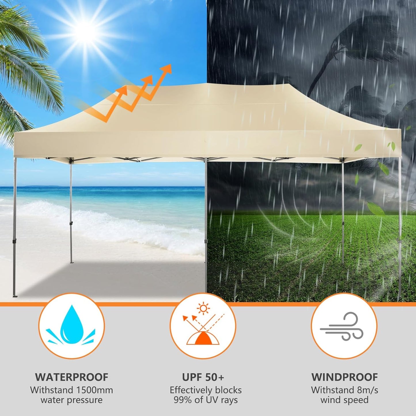 COBIZI 10x20 Pop up Canopy Tent Heavy Duty Without Sidewalls, Easy Set-up Commercial Outdoor Party Canopy, 100% Waterproof Wedding Gazebo, 3 Height Adjustable with Wheeled Bag, Khaki
