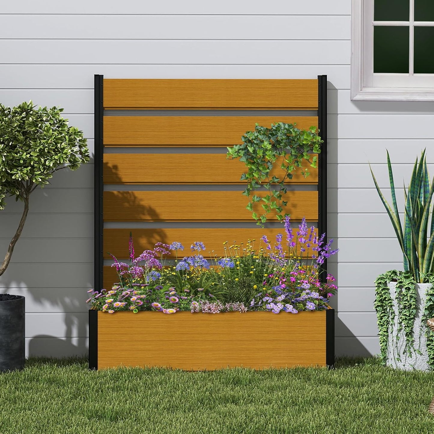 Vertical Screen Planter Bed - Raised Garden Box with Trellis for Climbing Plants, Durable Privacy Fence Planter for Outdoor, Patio, Deck Aluminum Frame, Yellow Teak with Base