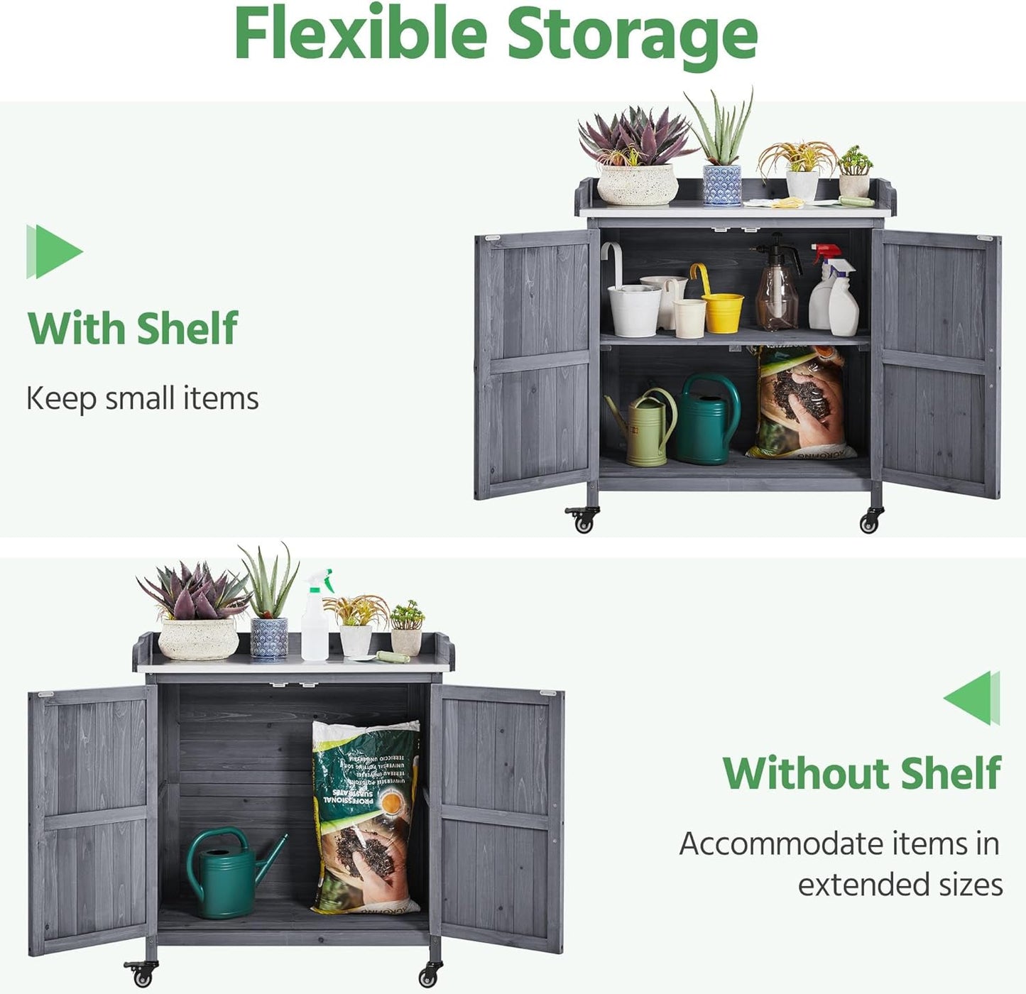 Yaheetech Garden Potting Bench Table, Outdoor Garden Horticultural Wooden Storage Cabinet & Solid Wood Planting Work Bench with Large Space Storage & Metal-Plated Tabletop, Gray