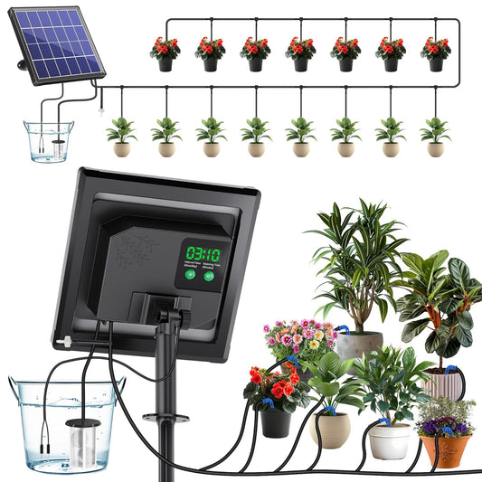 Biling Solar Drip Irrigation System, 3W Drip Irrigation Kit Digital Programmable Smart Watering for 15 Potted Plants Outdoor Indoor Garden