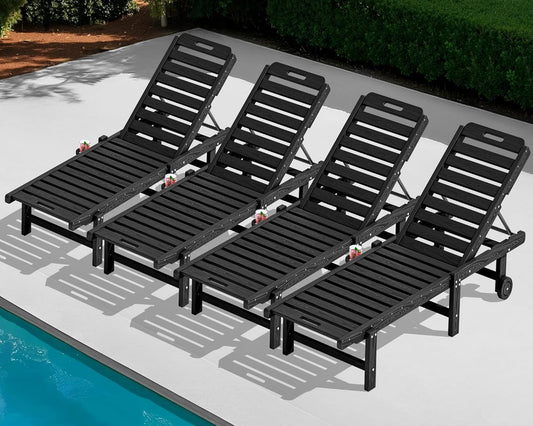 SERWALL Patio Chaise Lounge Set of 4, HDPE Outdoor Lounge Chair with Cup Holder, 5 Positions Adjustable Poly Lounge Chair with Rolling Wheels for Poolside, Deck, Sunbathing, Black