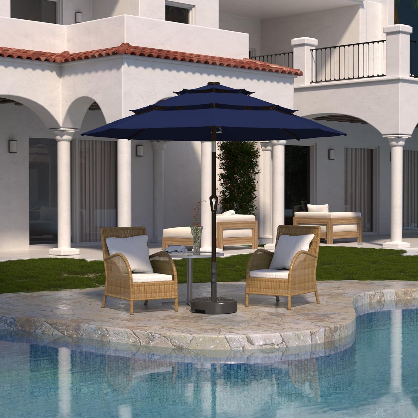 Kingdura 10ft 3-Tier Patio Umbrella, Outdoor Table Umbrella with Easy Crank & Tilt, 8 Reinforced Ribs, UV Protection for Deck, Pool, Market, Backyard (Navy blue)