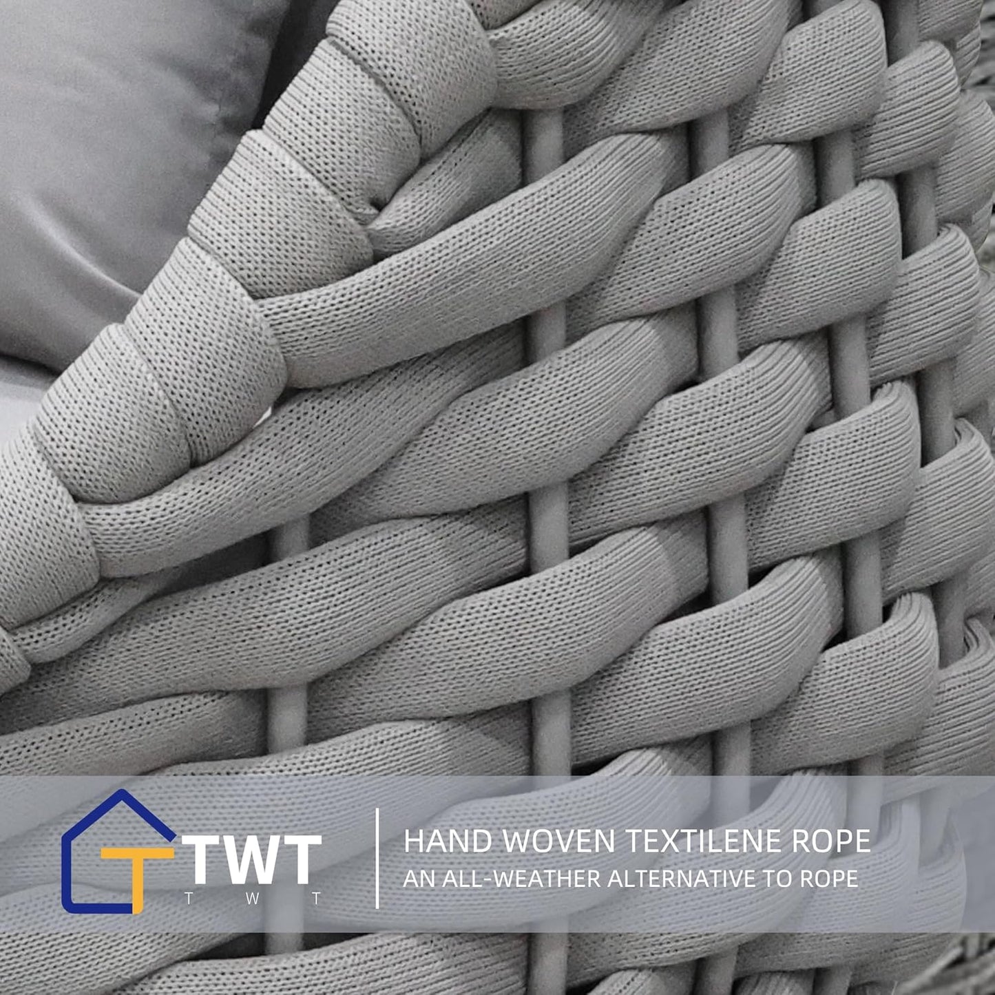 Aluminum Modern Patio Set Three Seater Sofa Outdoor Furniture Set w/Coffee Table,Patio Conversation Set with Hand Woven Teslin Rope for Bedroom Backyard Poolside, Light Grey