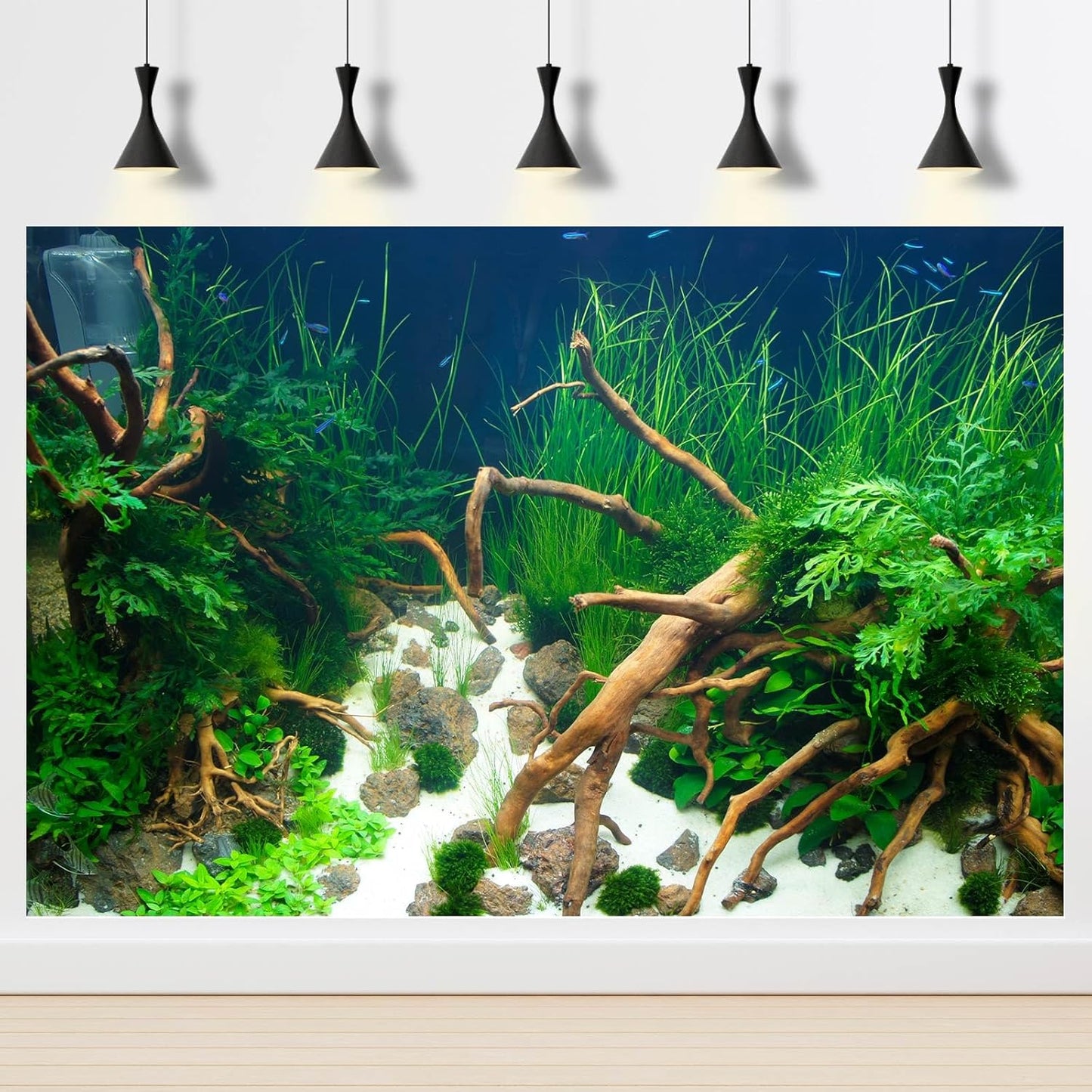Aquarium Background Various Underwater Grass Plants Aquarium Backdrop Vivid and Fresh Green Aquatic Plants Stone River Bed and Dead Wood Yellow Stone Fish Tank Background 24x16in