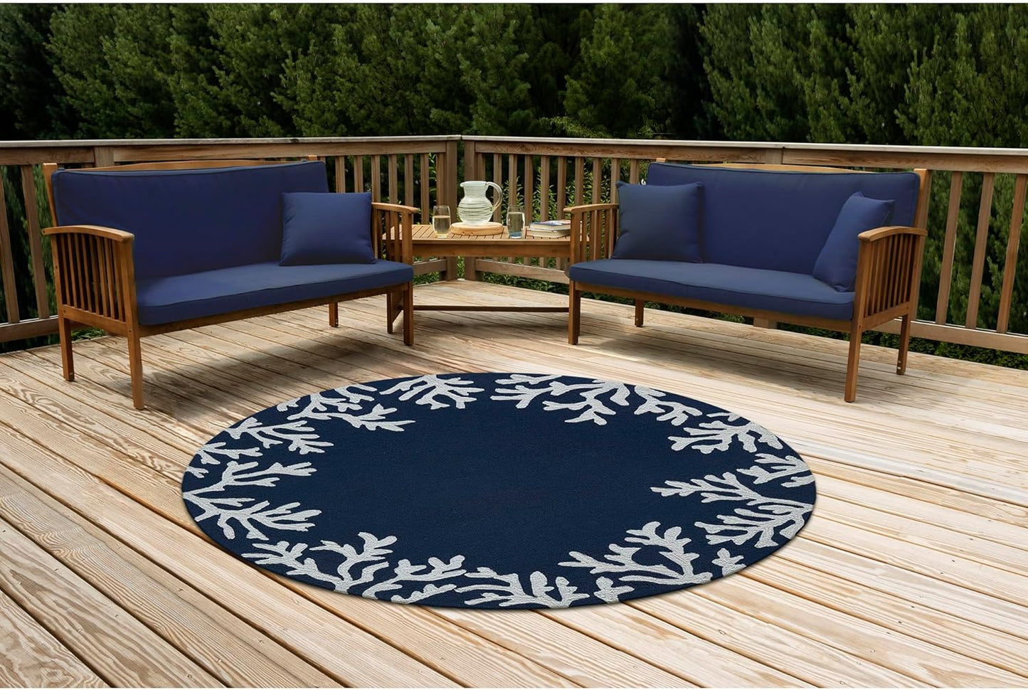 Liora Manne CAPRI Indoor/Outdoor Handmade Synthetic Blend Durable Area Rug - Traditional Border Coastal Beach Accent (Coral Border Navy) (5' Round)