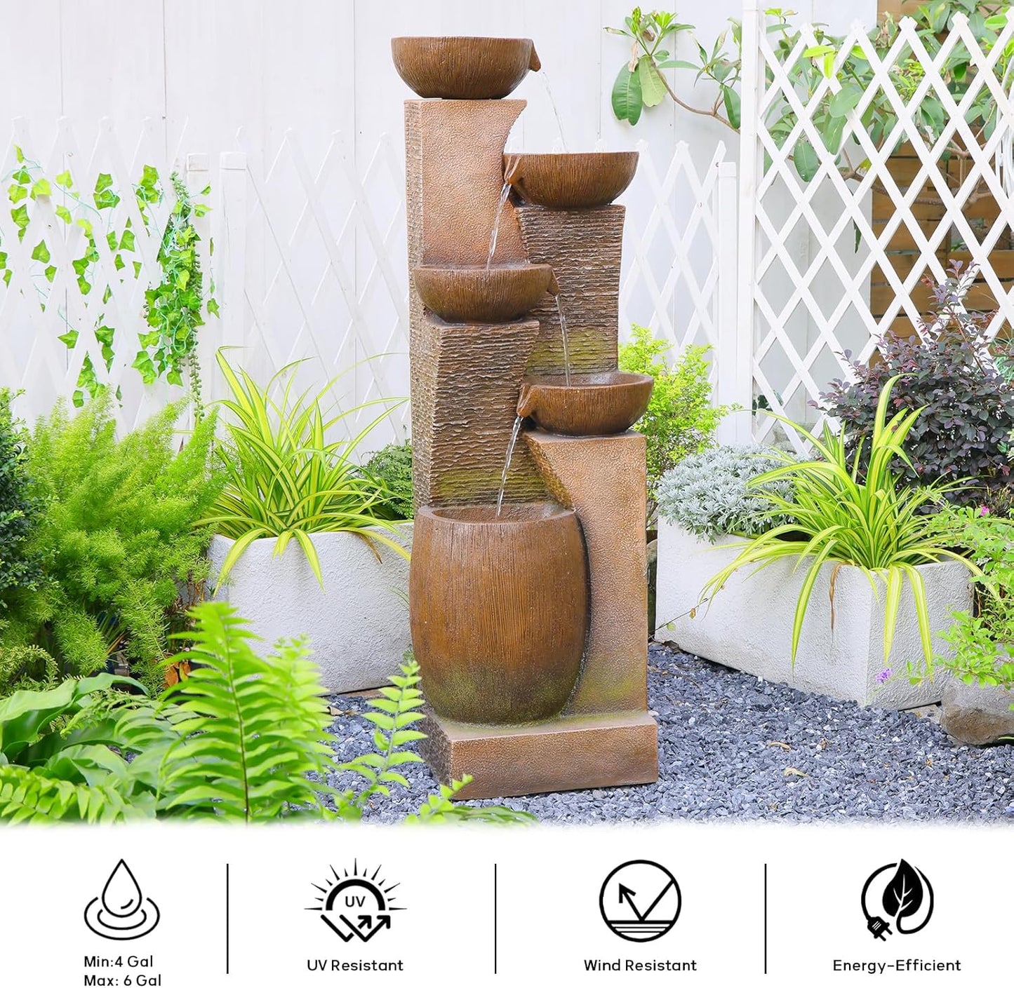 51.4" H Large Water Fountain Outdoor&Indoor, 5-Tiers Cascading Modern Feature Crocks Garden Fountains and Waterfalls with Warm Lights for Porch, Deck, Patio, Home Décor (Brown)