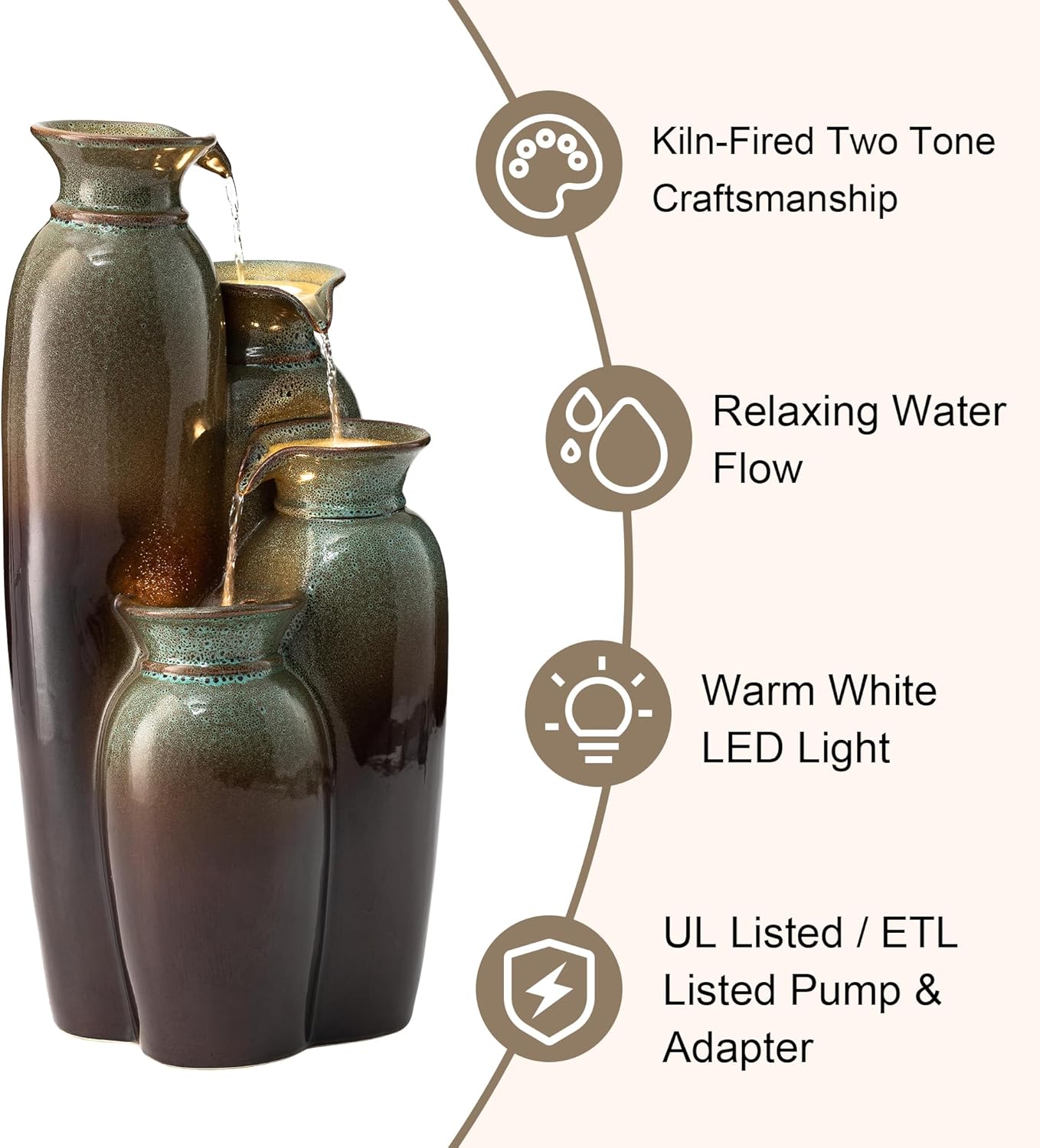 Glitzhome 30.75" H Vase Ceramic Outdoor Water Fountain with LED Lights and Pump, 4-Tier Olive Green and Brown Reactive Glaze Cascading Pots Standing Fountain for Porch Deck Garden Patio Backyard