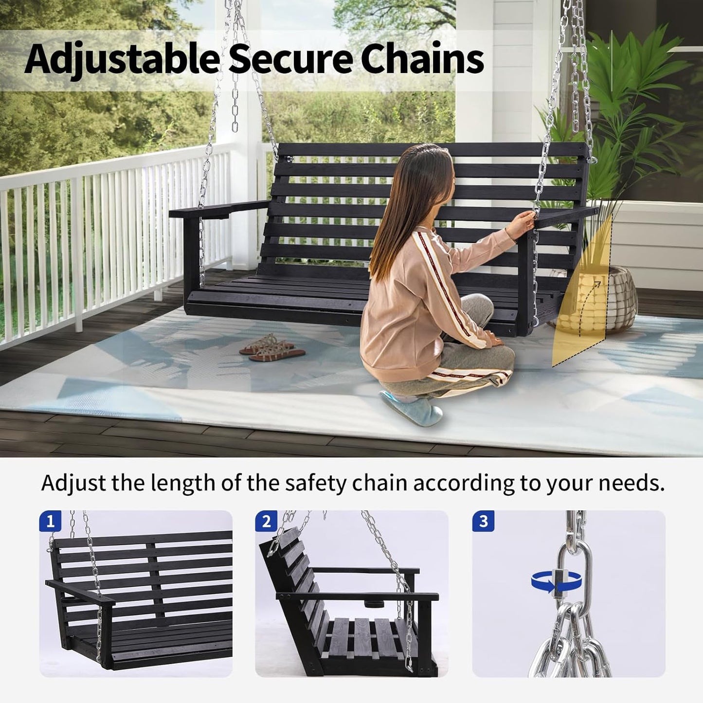 Wooden Porch Swing with Cup Holder, Outdoor Patio Swing Bench for Courtyard & Garden, Upgraded 4 FT Heavy Duty 880 LBS Porch Swing, Outdoor Swing with Hanging Chains, Black