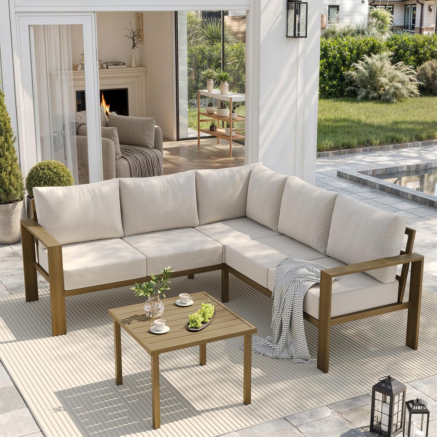UDPATIO 6 Piece Patio Furniture Set, Faux Wood Metal Outdoor Sectional Sofa with 6" Thick Olefin Cushions, Wide Armrest & Coffee Table, L Shaped Outdoor Furniture for Garden, Backyard Beige