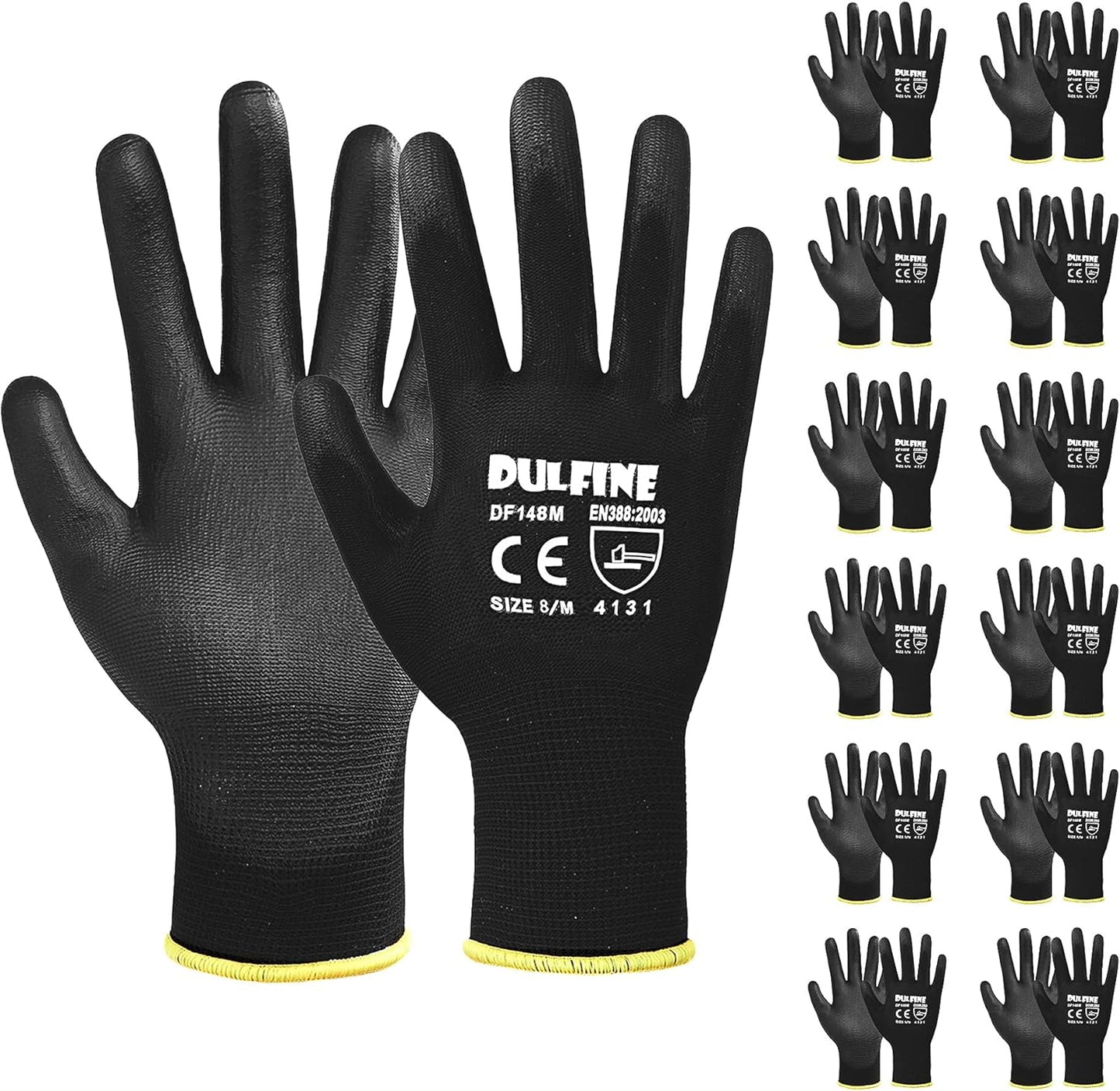 DULFINE Ultra-Thin PU Coated Work Gloves-12 Pairs,Excellent Grip,Nylon Shell Black Polyurethane Coated Safety Work Gloves, Knit Wrist Cuff,Ideal for Light Duty Work. (Large)