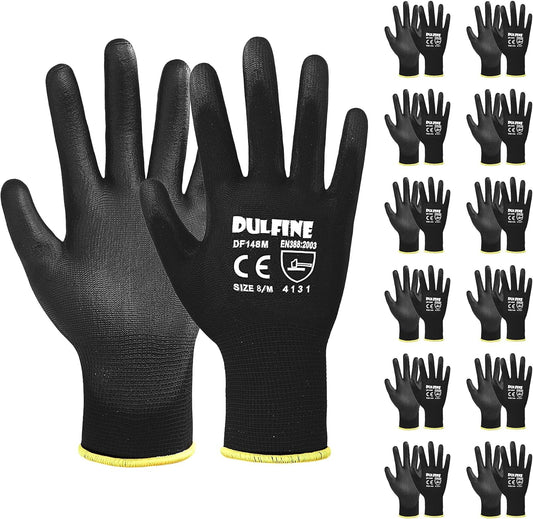 DULFINE Ultra-Thin PU Coated Work Gloves-12 Pairs,Excellent Grip,Nylon Shell Black Polyurethane Coated Safety Work Gloves, Knit Wrist Cuff,Ideal for Light Duty Work. (Large)