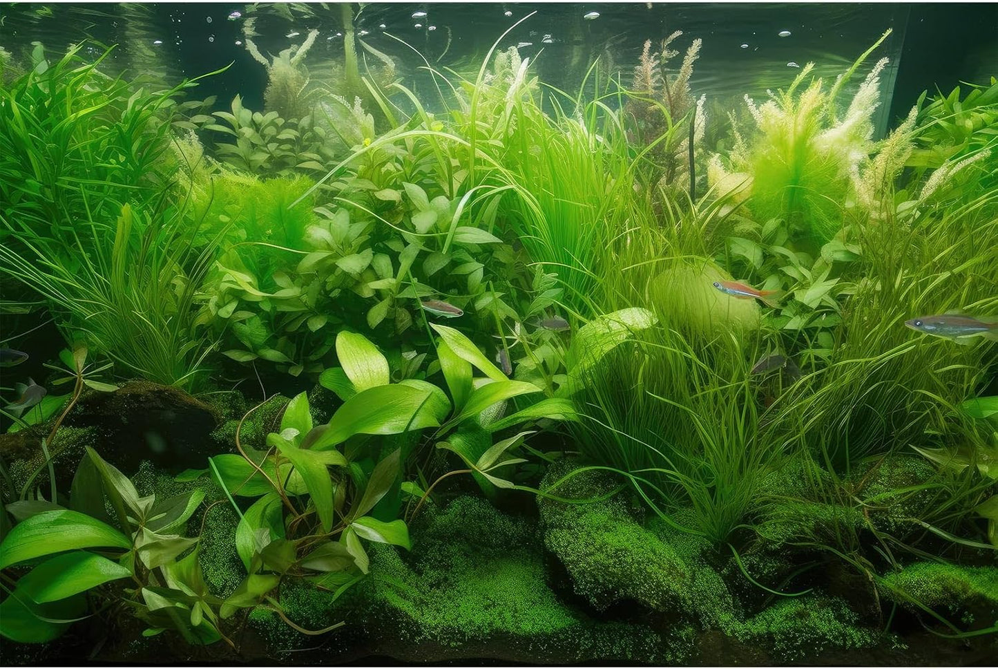 Aquarium Background Diverse Collection of Aquatic Plants Seagrasses Terrarium Background Redwood Root Moss Tropical Style Underwater Lush Green Plants Fish Tank Background Wallpaper Poster 48x18in