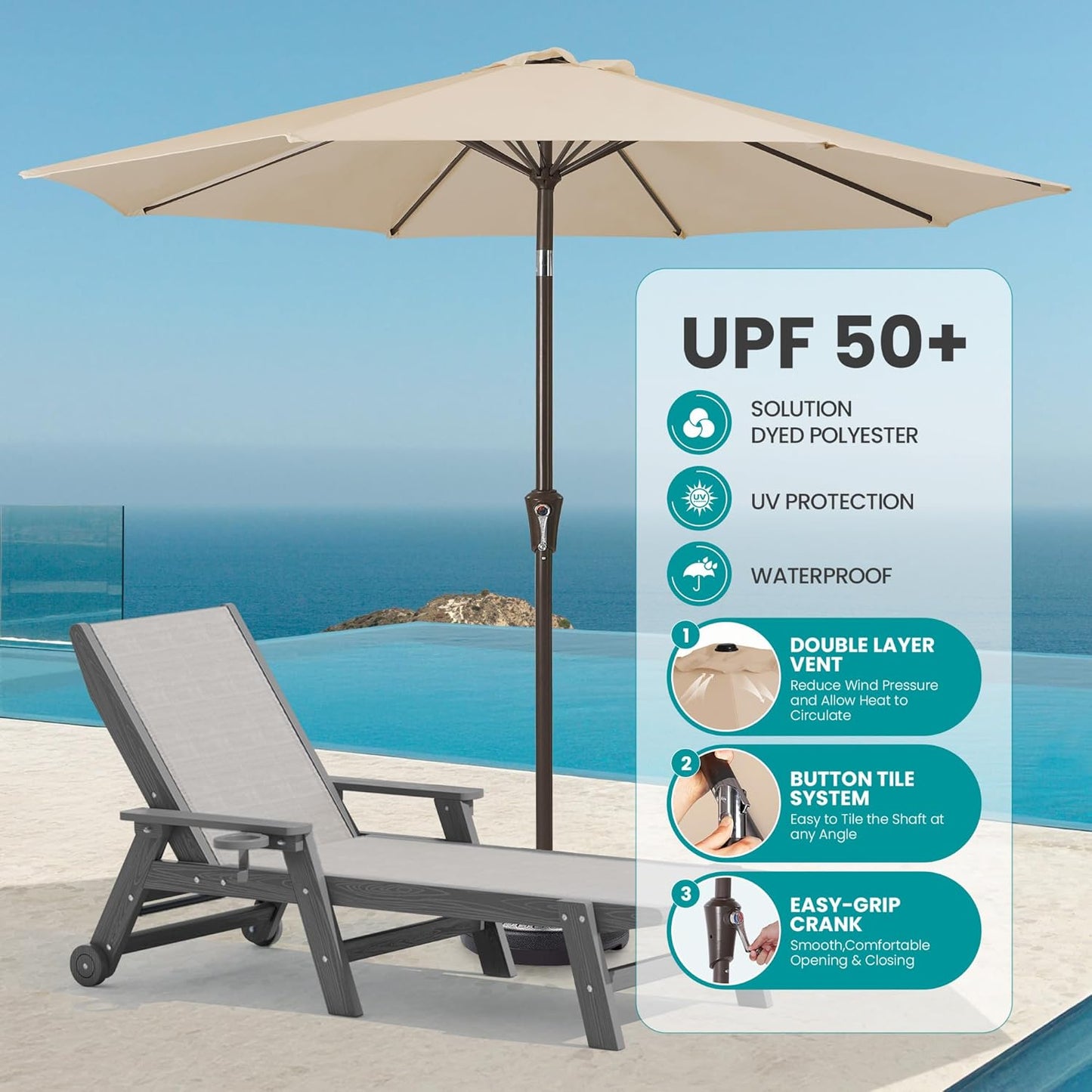 SERWALL Textilene Patio Chaise Lounge Chair Set of 2 with 9FT Patio Umbrella, 5 Positions Outdoor Lounger with Rolling Wheels for Pool, Deck, Grey (Umbrella Base not Included)