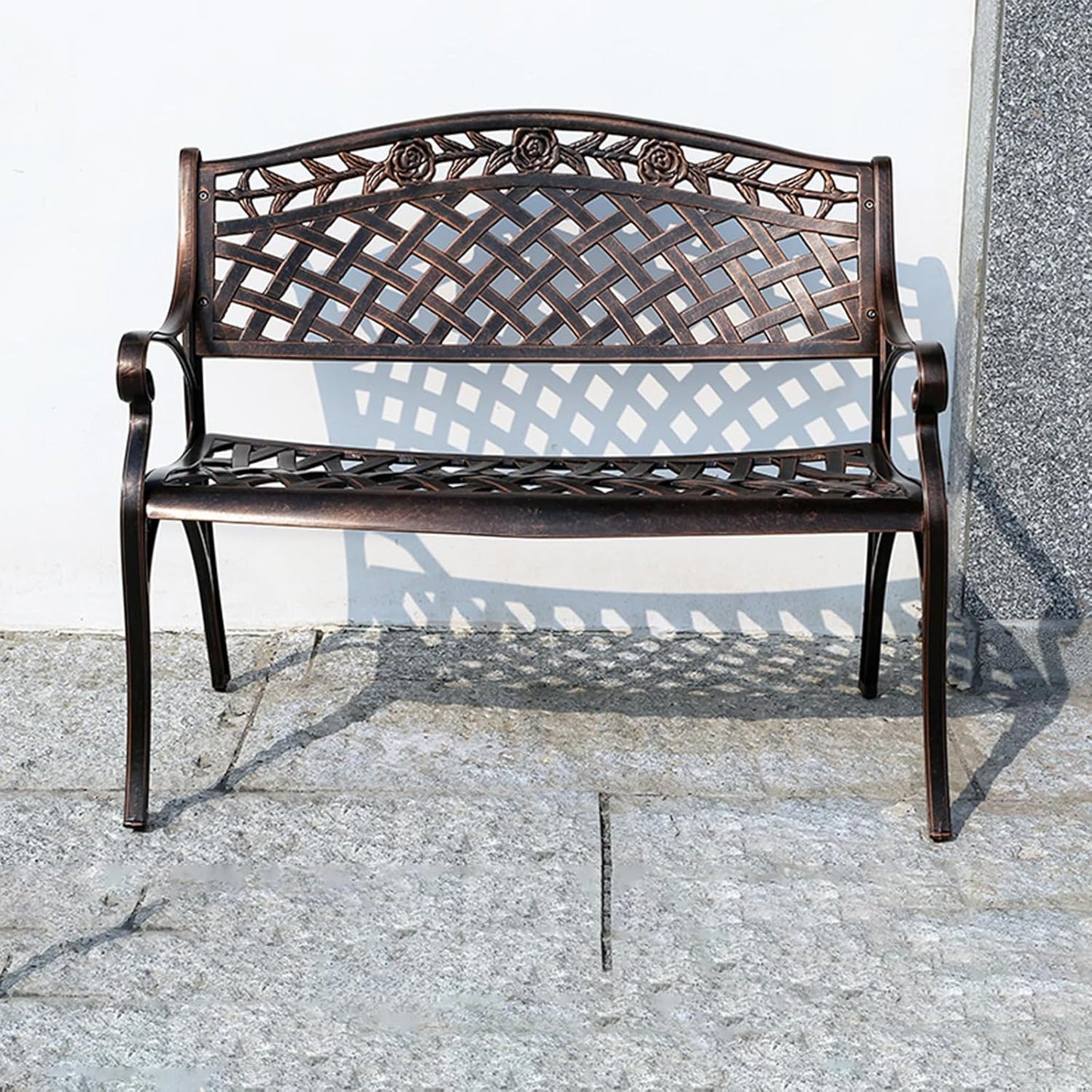 Outdoor Bench Chair Cast Aluminum Garden Bench Patio Bench All-Weather Park Bench for Backyard Porch Lawn (100cm Rose Park Bench)